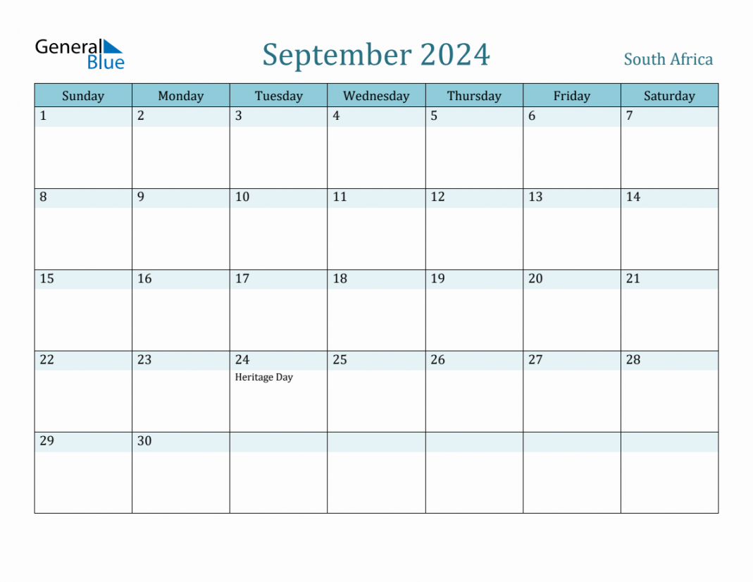 South Africa Holiday Calendar for September