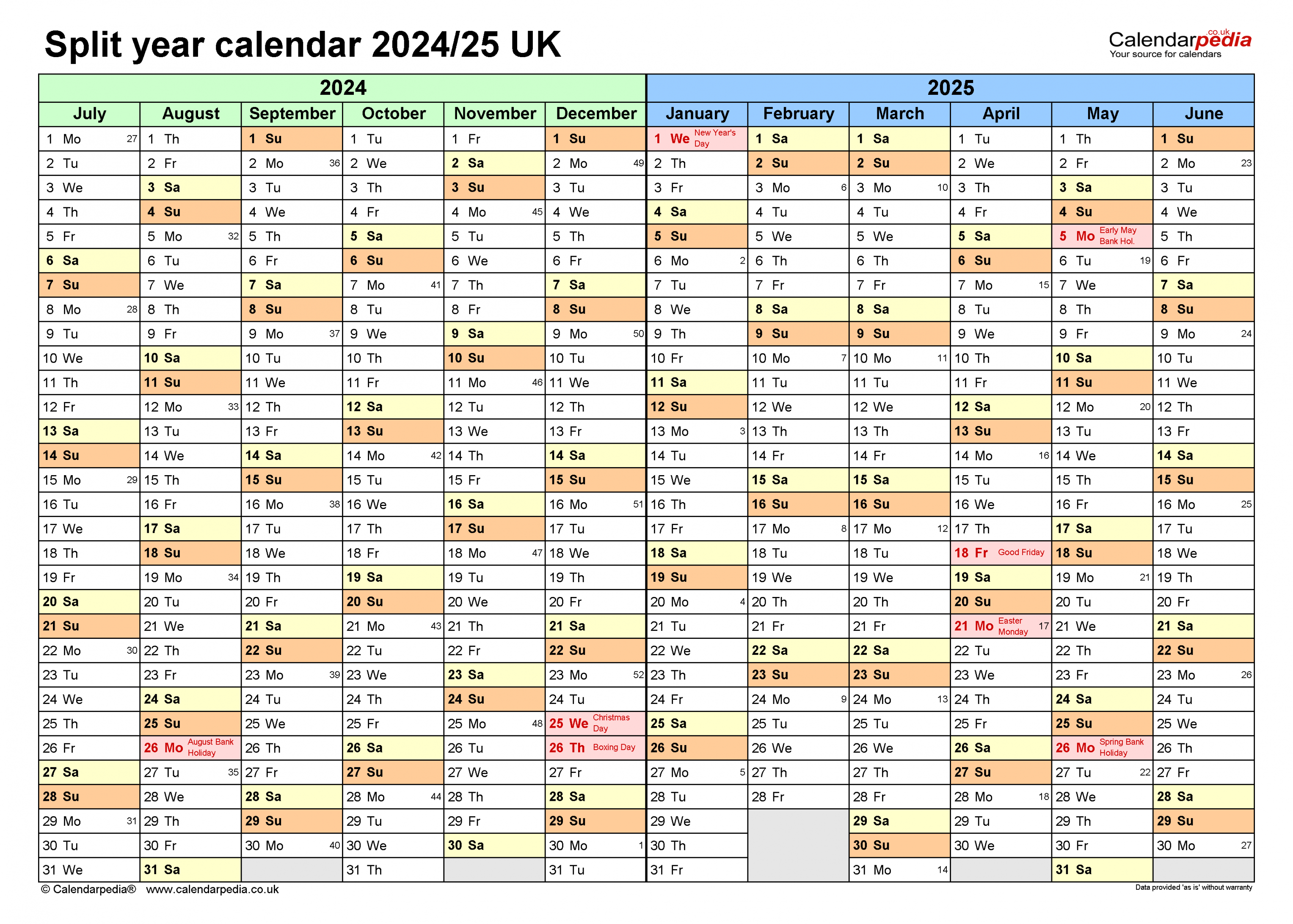 Split year calendars / UK (July to June) for PDF
