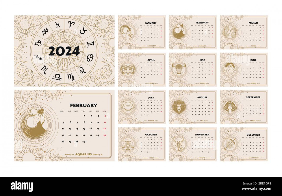 Zodiac signs Calendar , magical astrological print template
