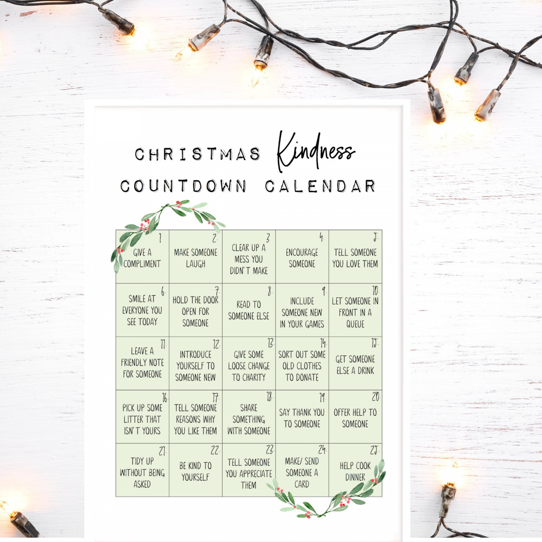 Advent Calendar Printable, Christmas Countdown Kindness Calendar