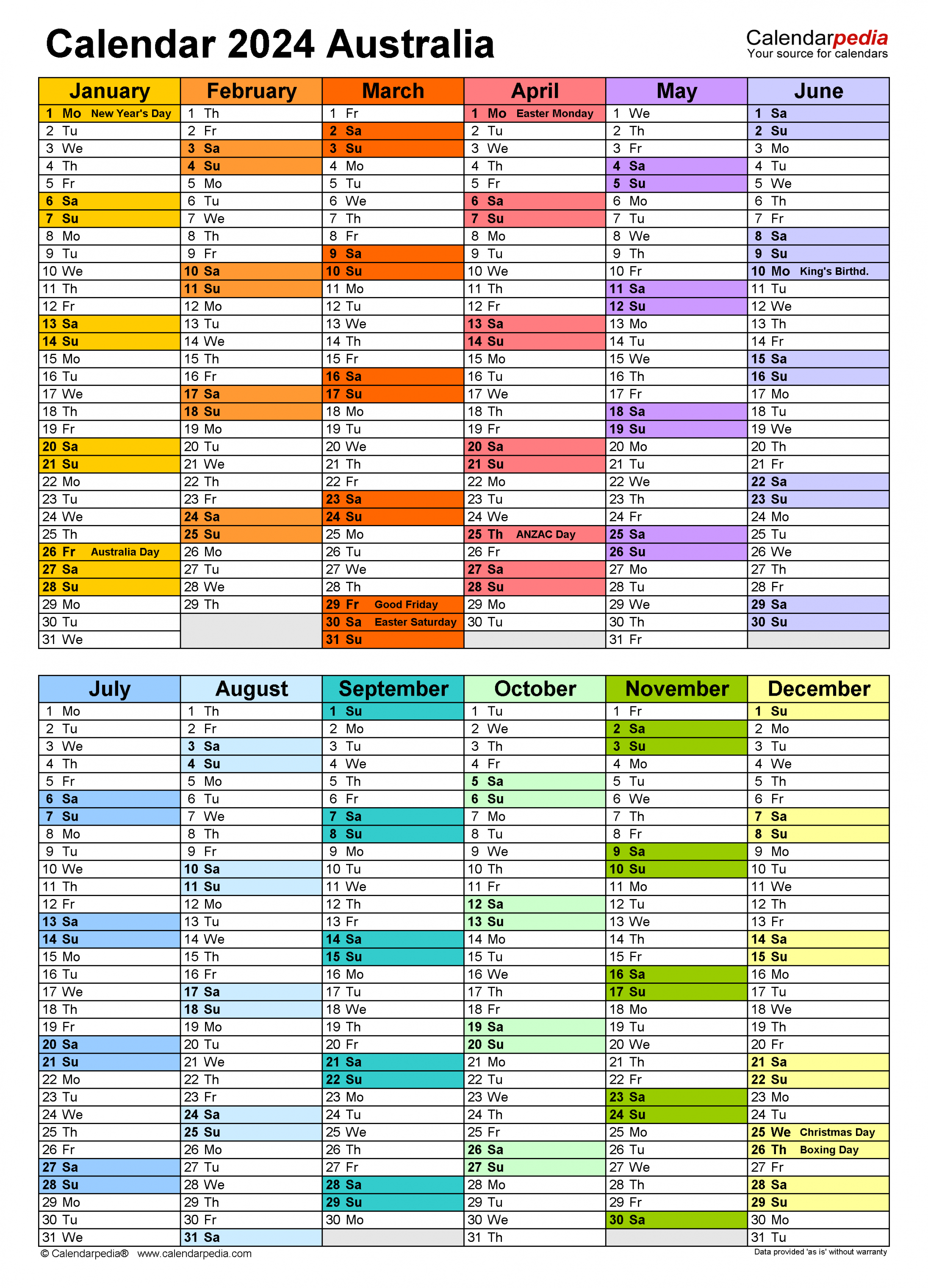 Australia Calendar  - Free Printable Excel templates