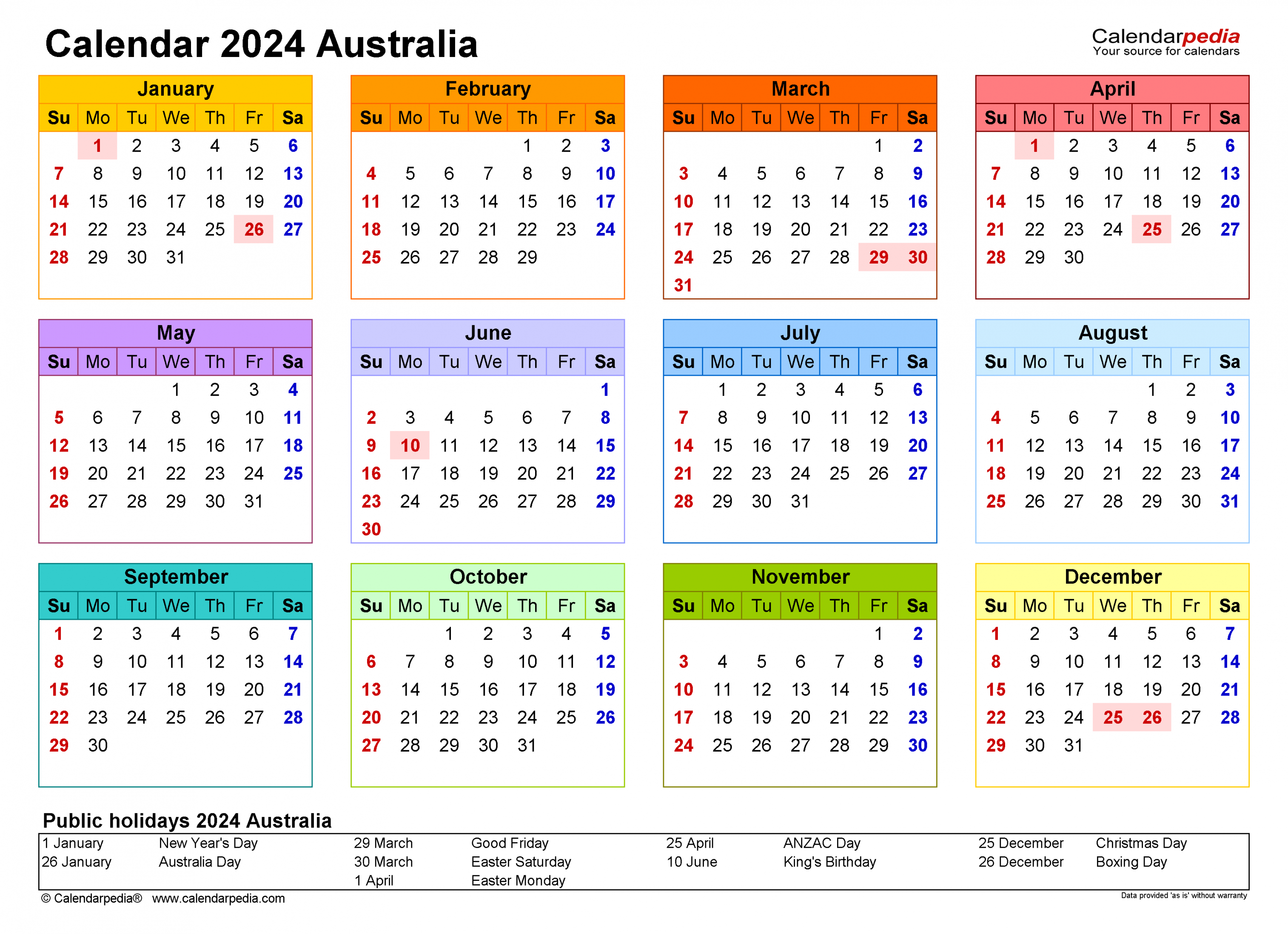 Australia Calendar  - Free Printable PDF templates