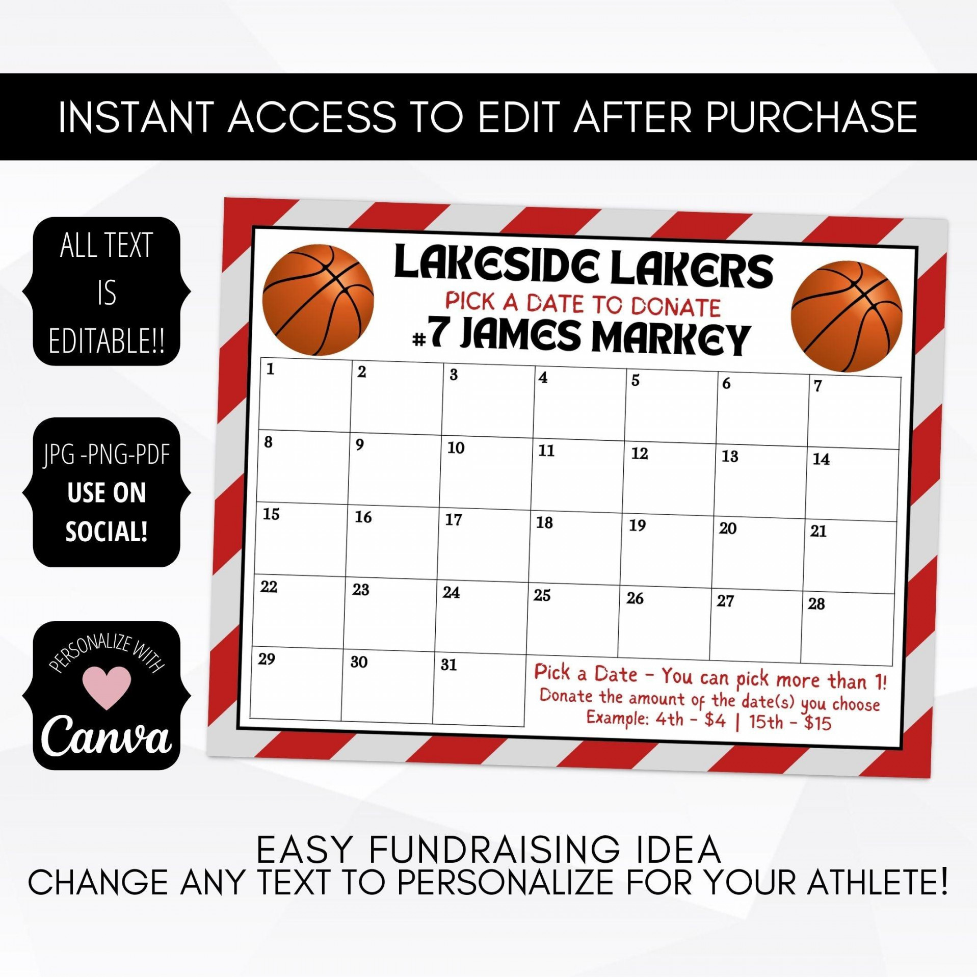 Basketball Pick a Date to Donate Cash Calendar Fundraiser