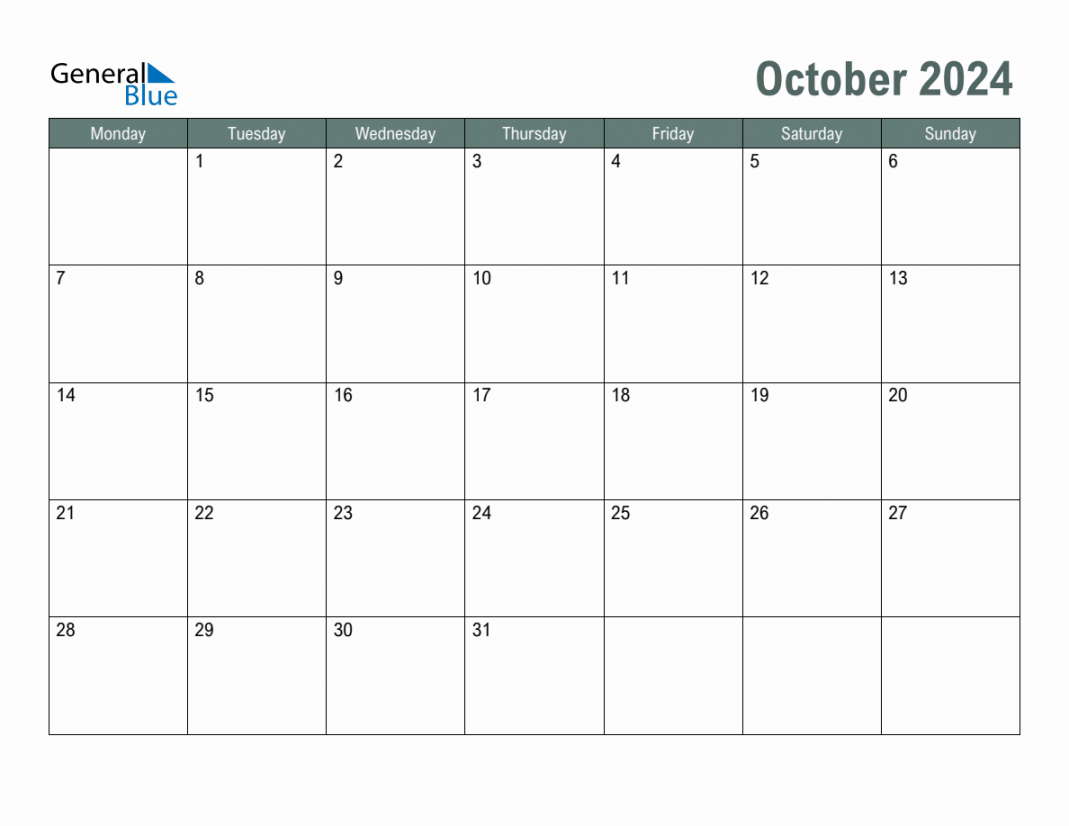 Blank October  Monthly Calendar Template