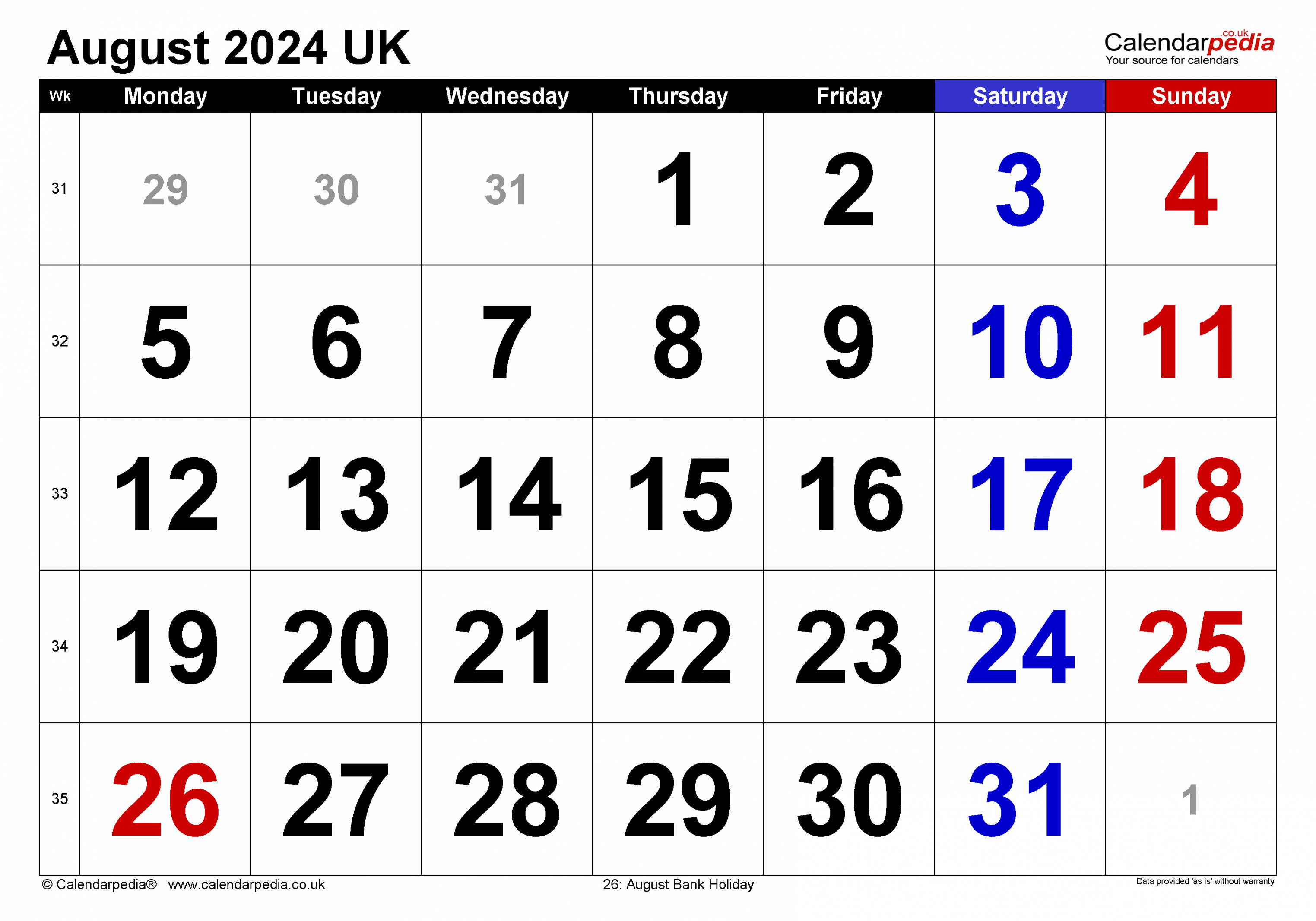 Calendar August  UK with Excel, Word and PDF templates