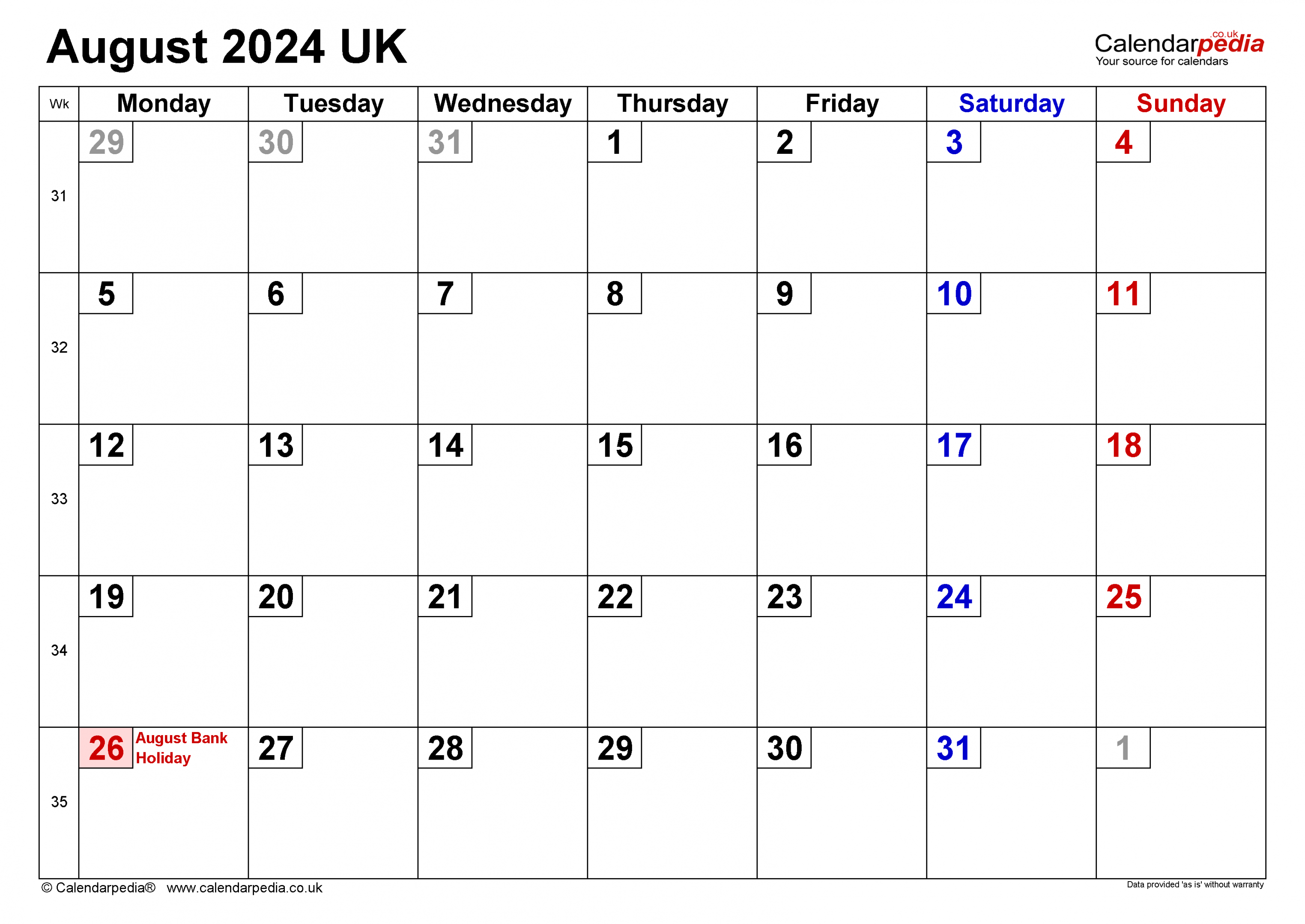Calendar August  UK with Excel, Word and PDF templates