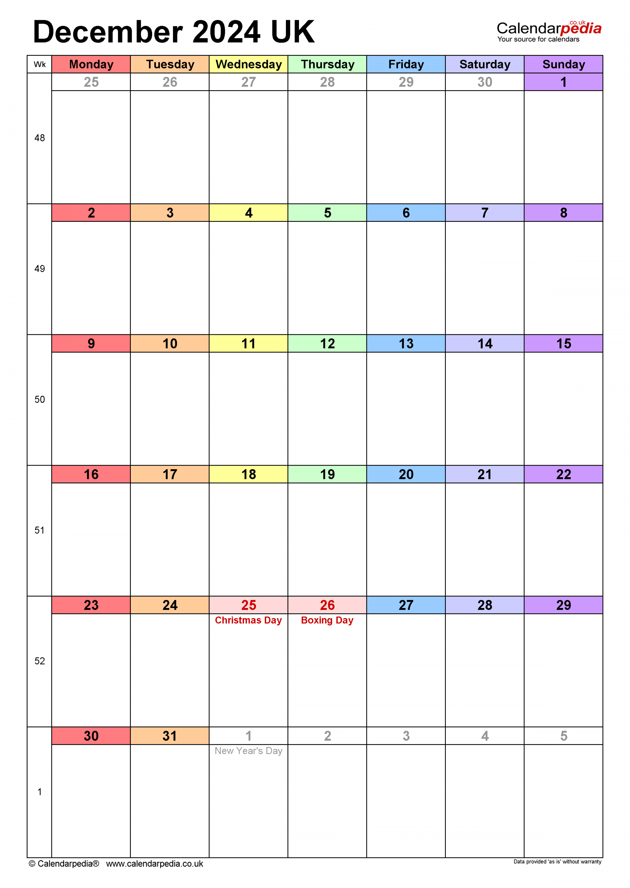 Calendar December  UK with Excel, Word and PDF templates