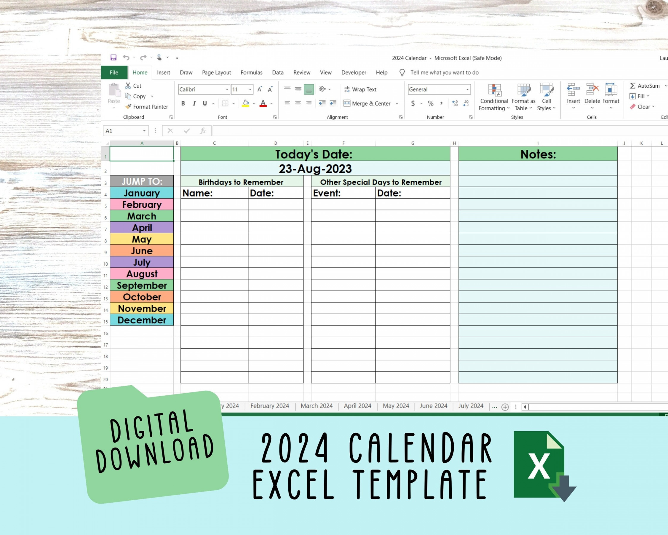 Calendar Excel Template,  Months Planner Spreadsheet