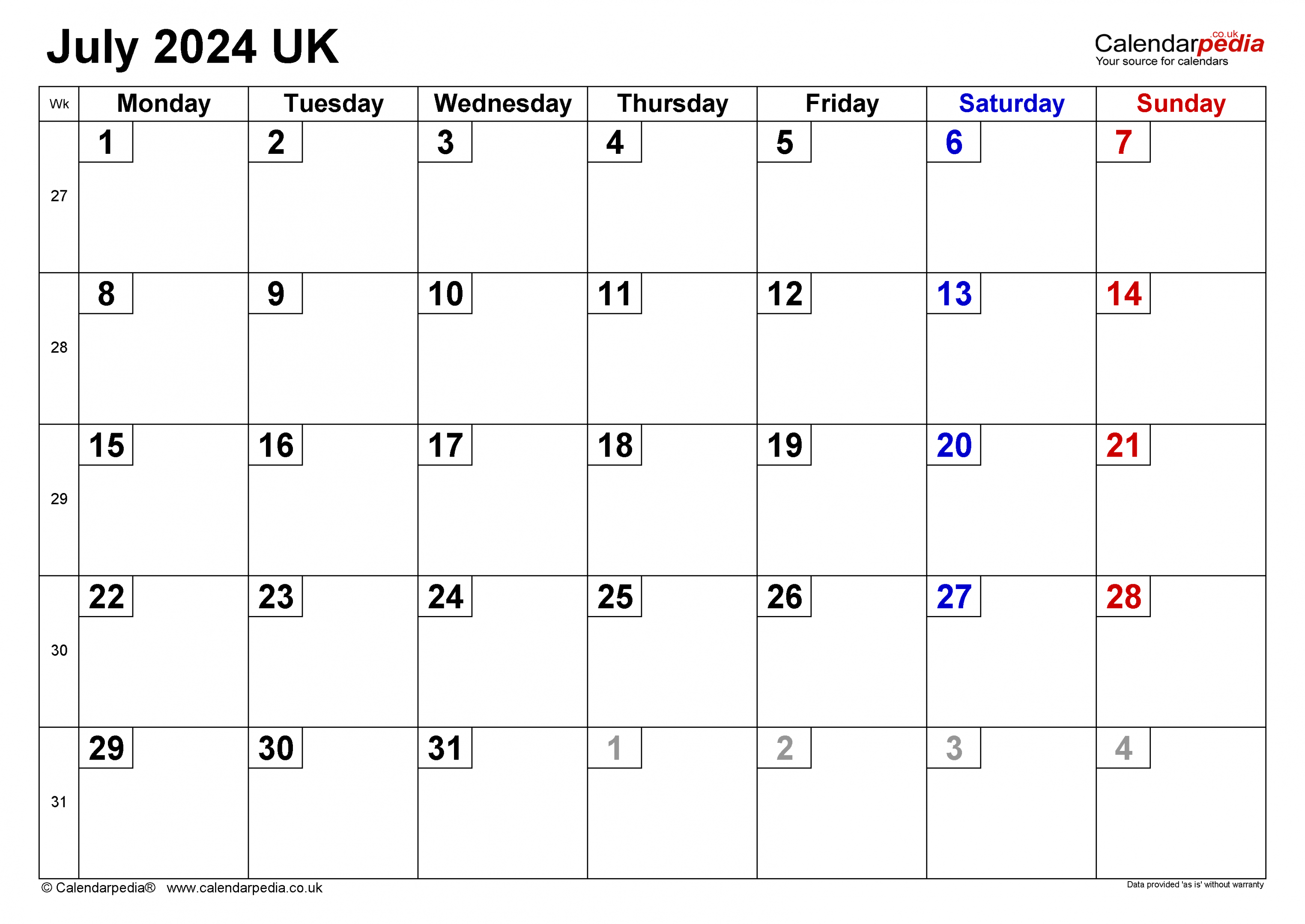 Calendar July  UK with Excel, Word and PDF templates