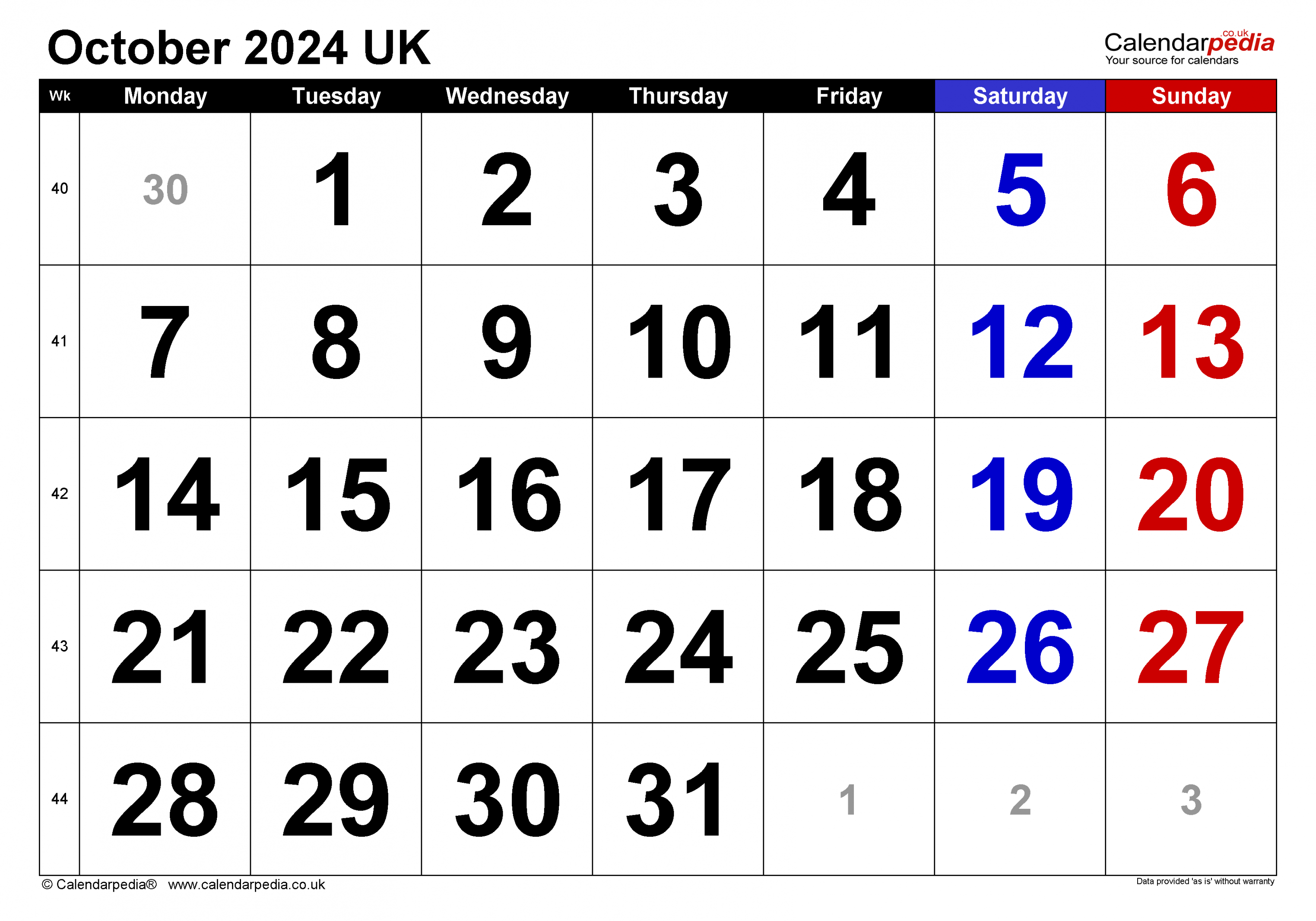 Calendar October  UK with Excel, Word and PDF templates
