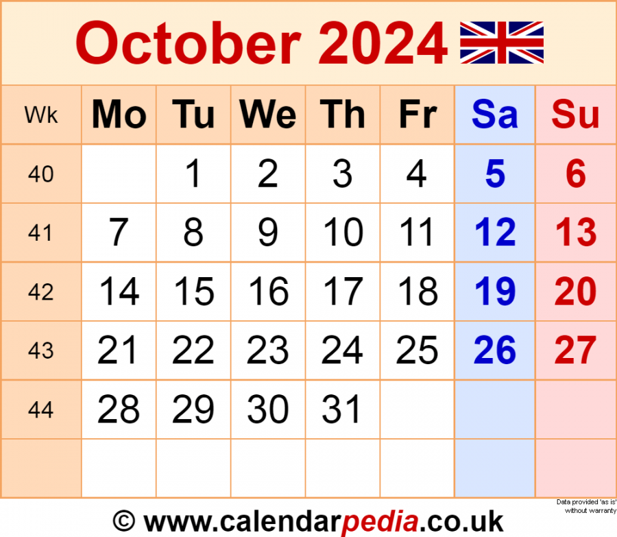 Calendar October  UK with Excel, Word and PDF templates