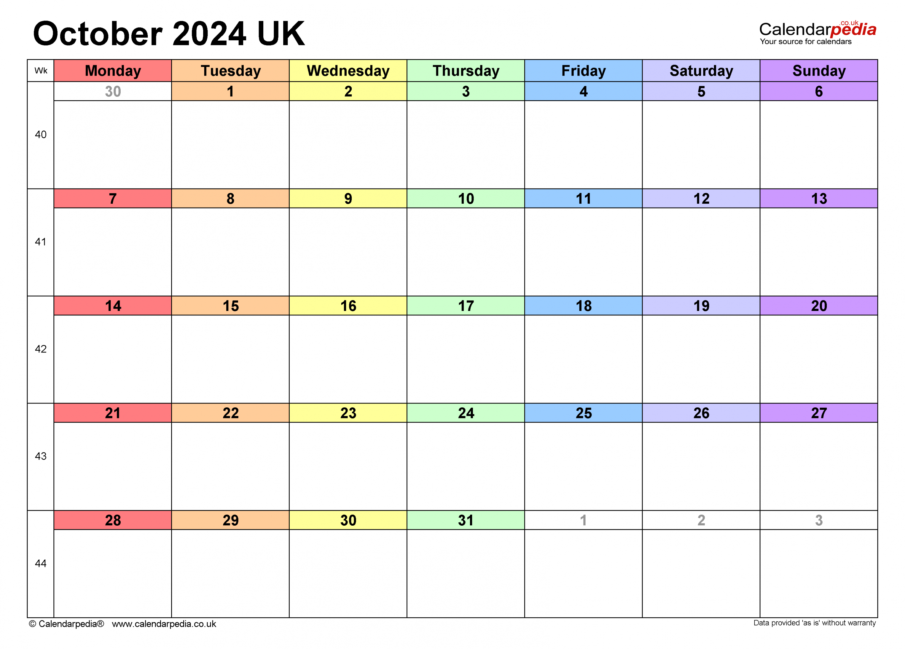 Calendar october uk with excel, word and pdf templates