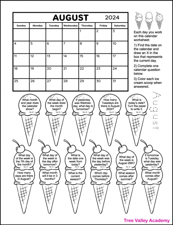Calendar Worksheet for August  - Tree Valley Academy