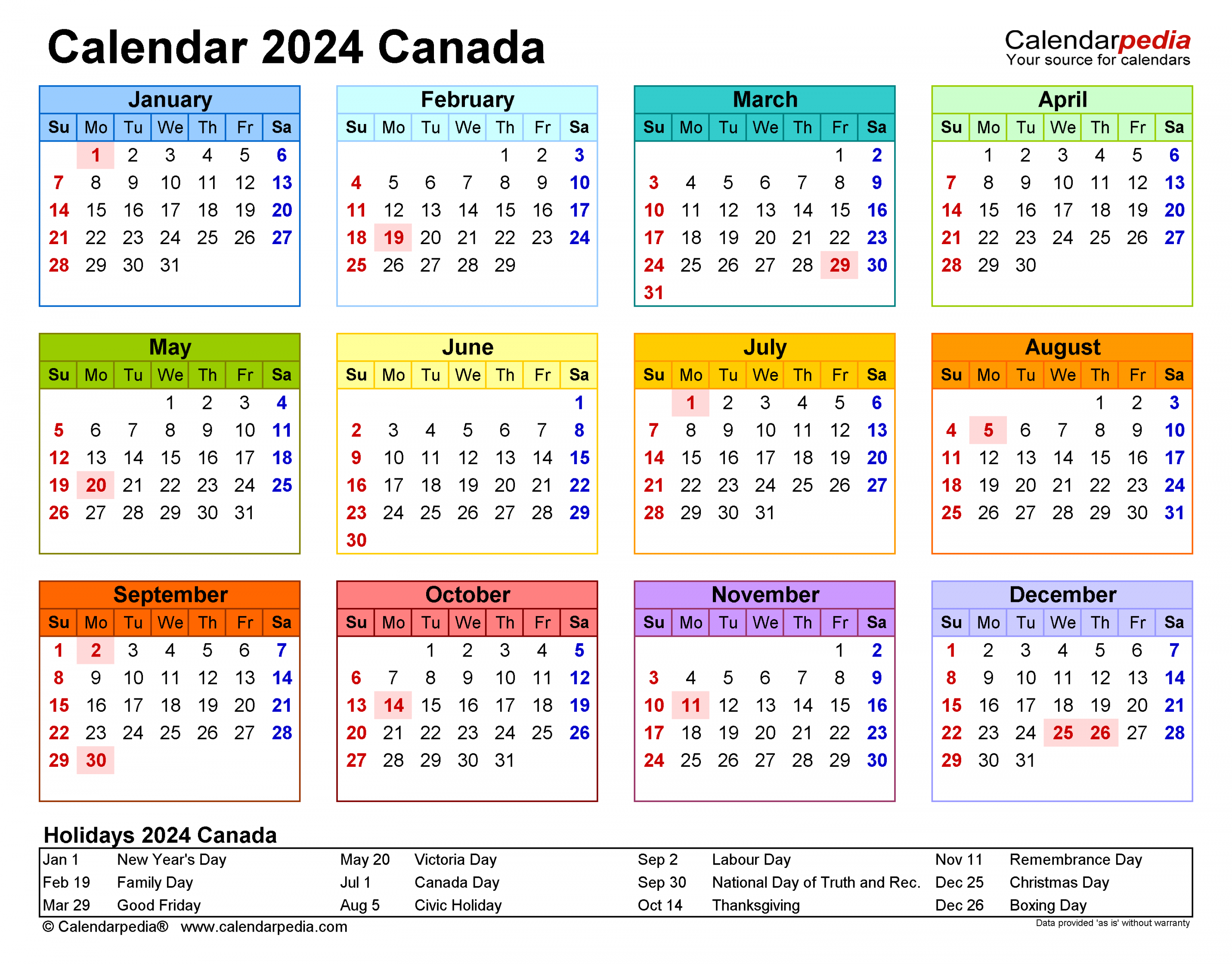 Canada Calendar  - Free Printable Excel templates