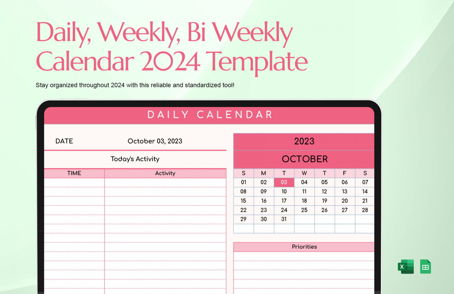 Daily, Weekly, Bi Weekly Calendar  Template in Excel, Google