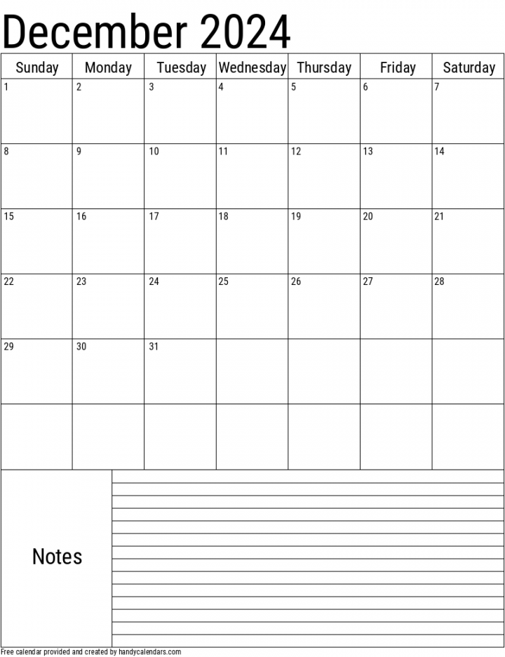 December  Vertical Calendar With Notes - Handy Calendars