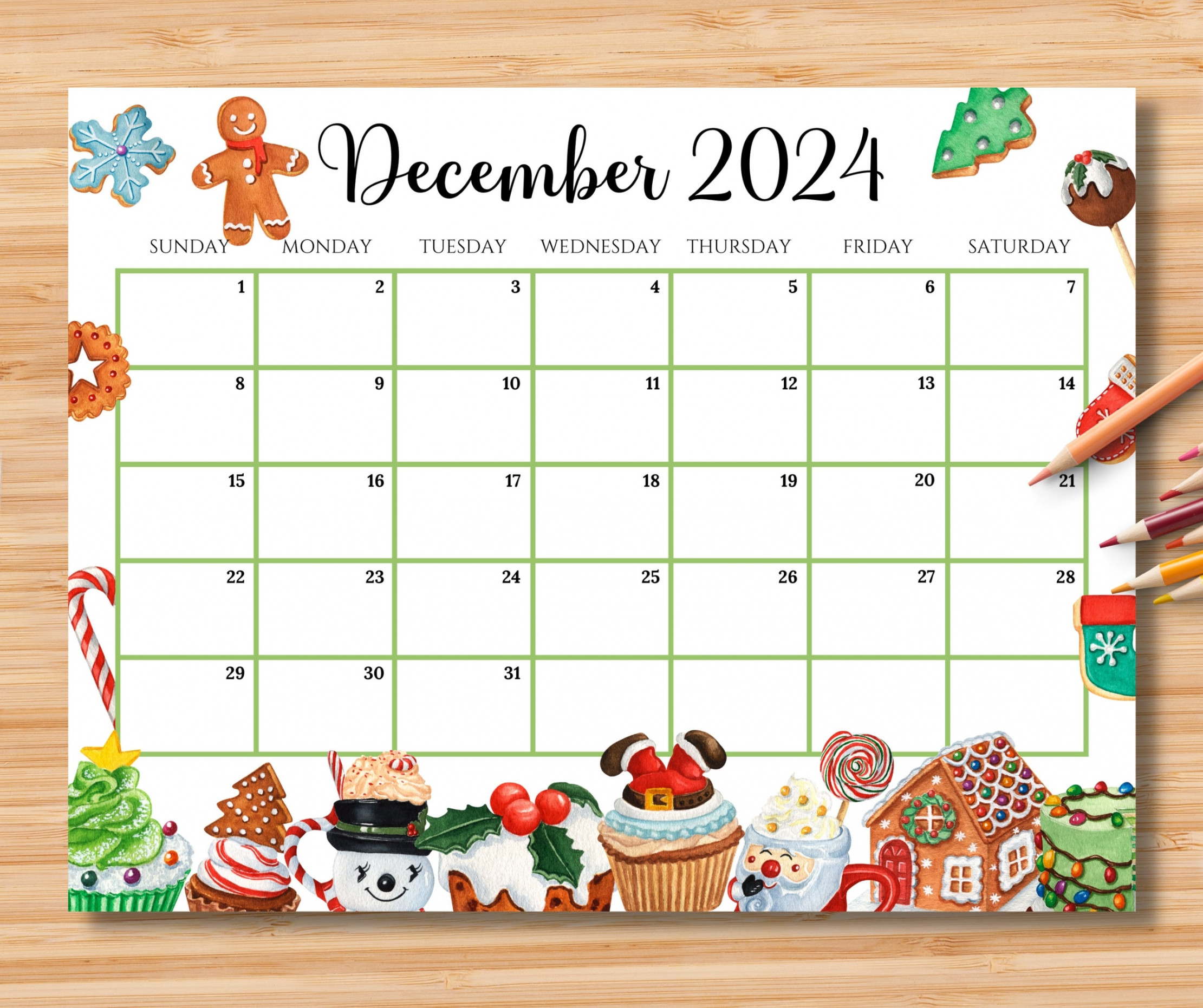 EDITABLE December  Calendar, Colorful Christmas With Sweets