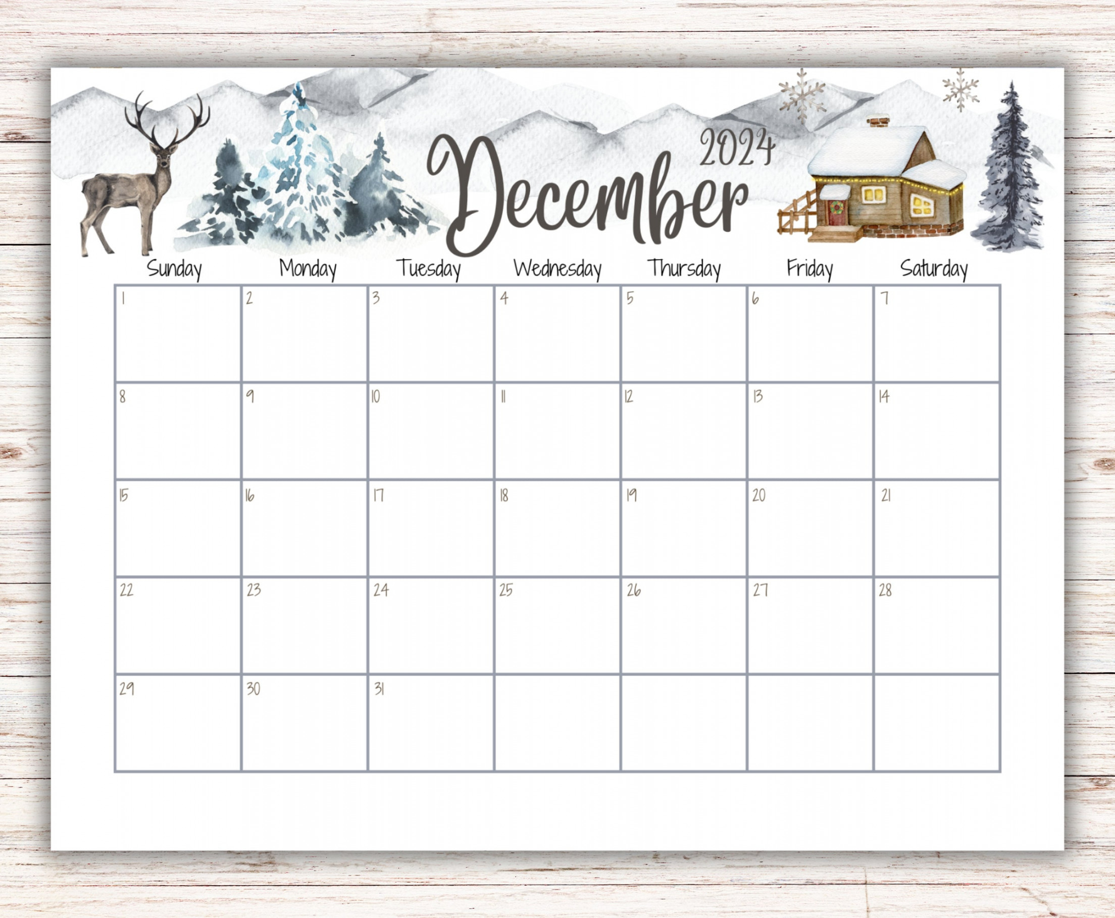 EDITABLE December  Calendar, Snowy House on the Hill and