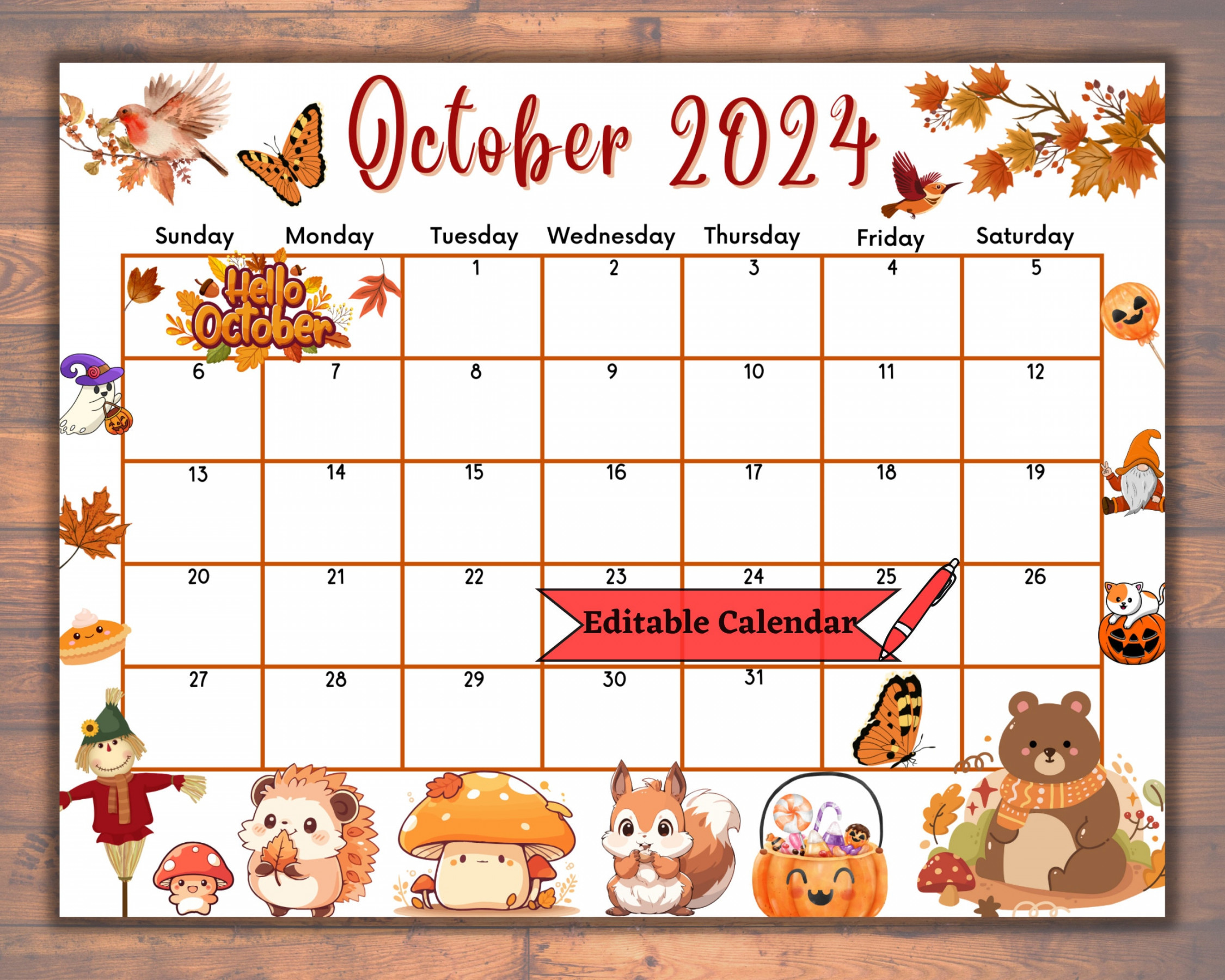 Editable Fillable October  Calendar for Autumn, Fall, Happy