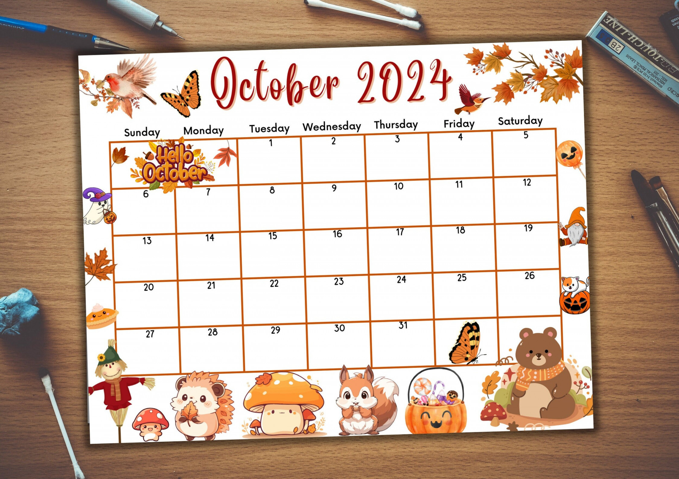 Editable Fillable October  Calendar for Autumn, Fall, Happy