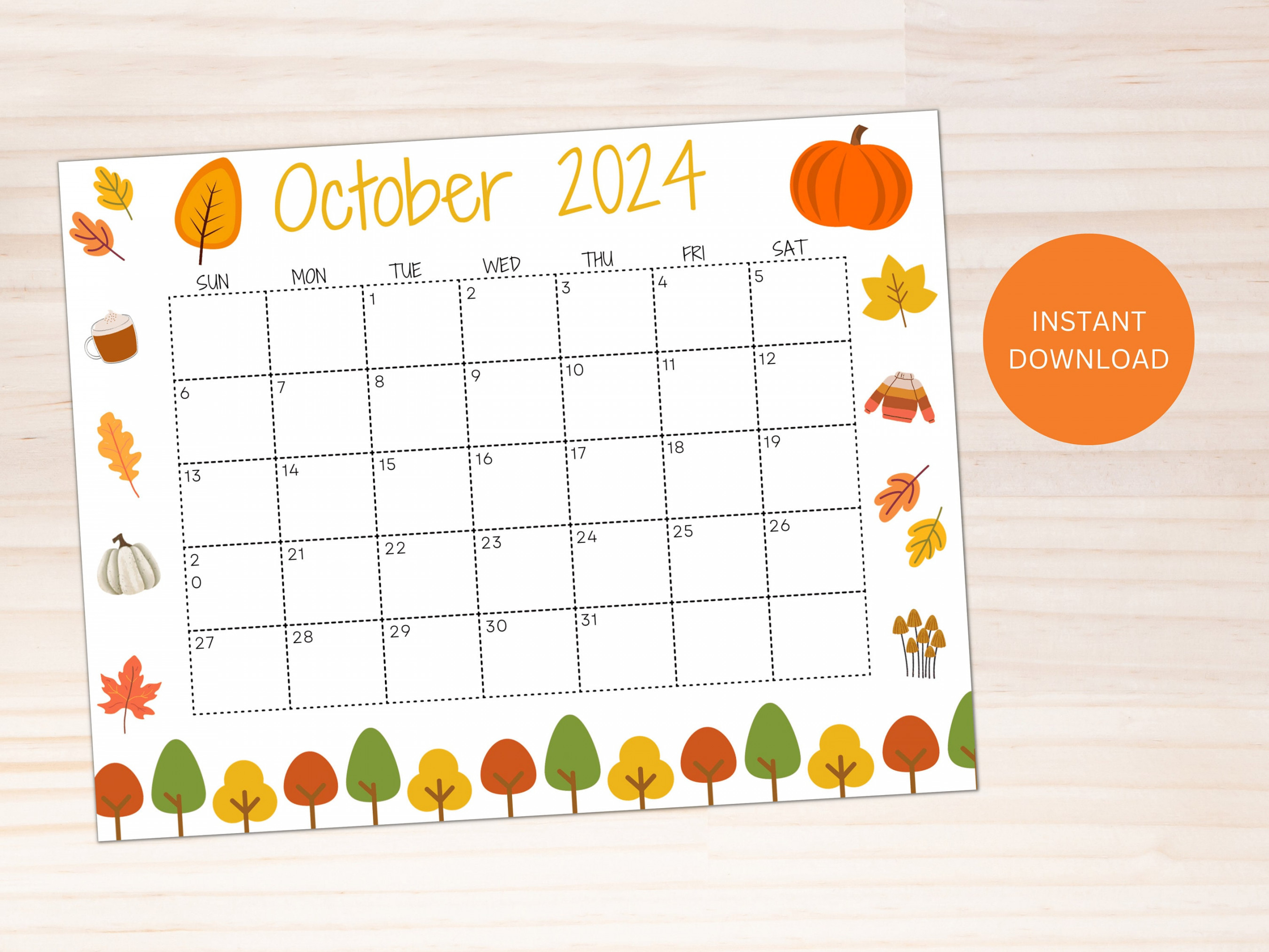 Editable October  Calendar, Printable Calendar,  Wall