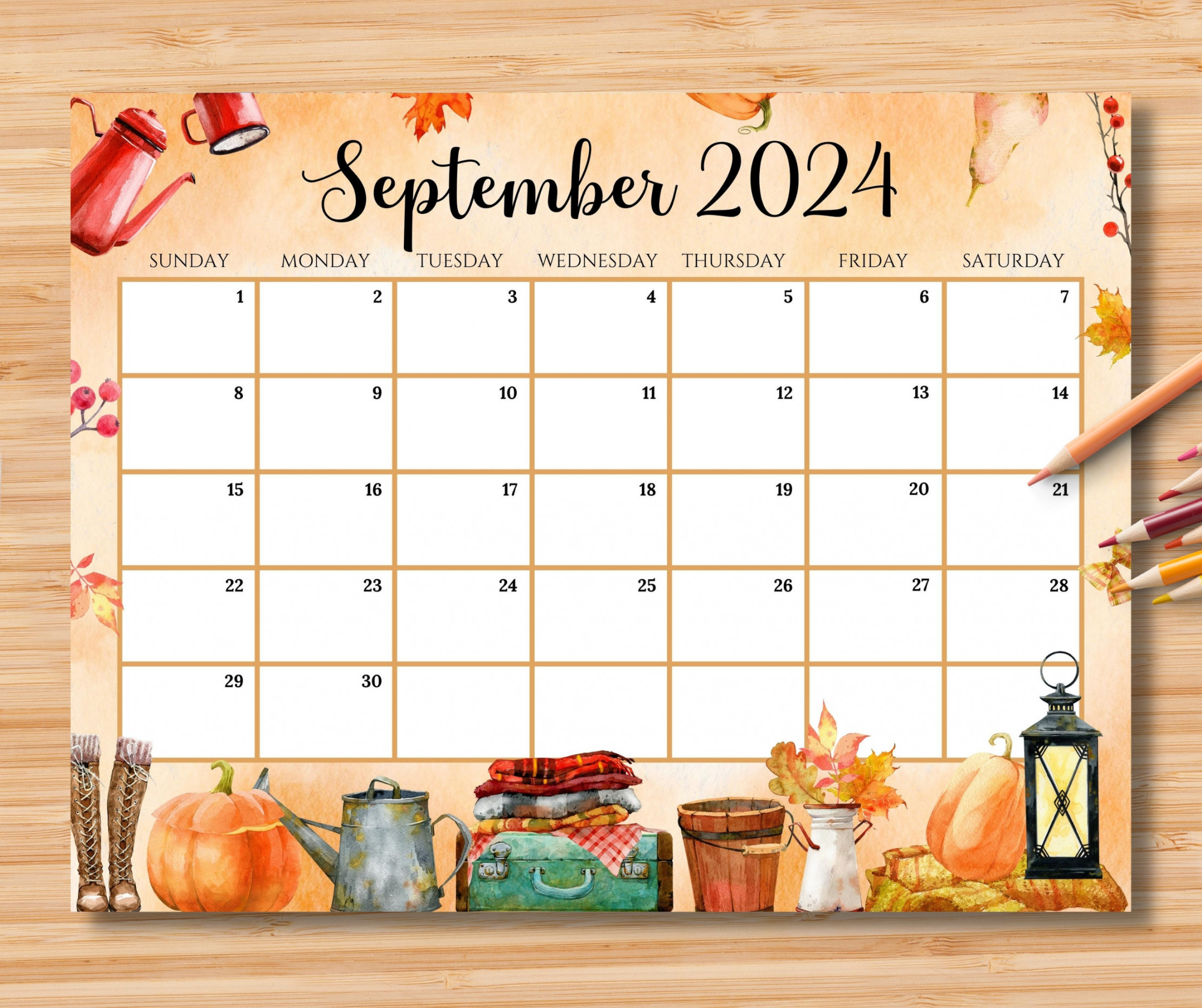 EDITABLE September  Calendar, Beautiful & Cozy Fall Autumn