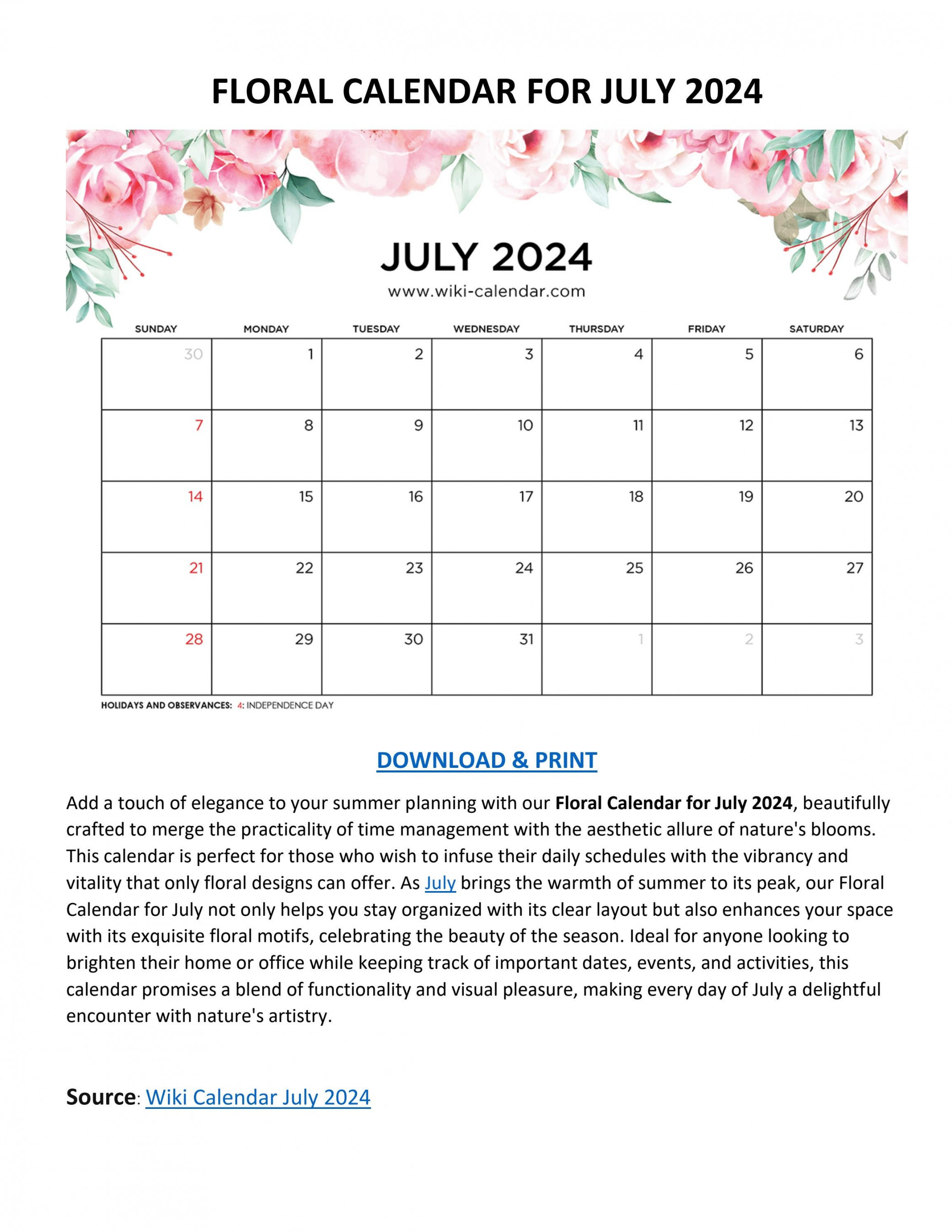 Floral Calendar for July  - Wiki Calendar by Wiki Calendar - Issuu