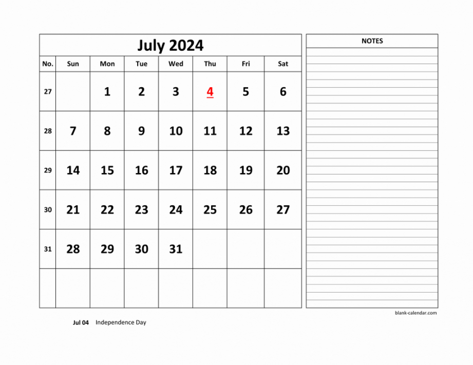 Free Download Printable July  Calendar, large space for