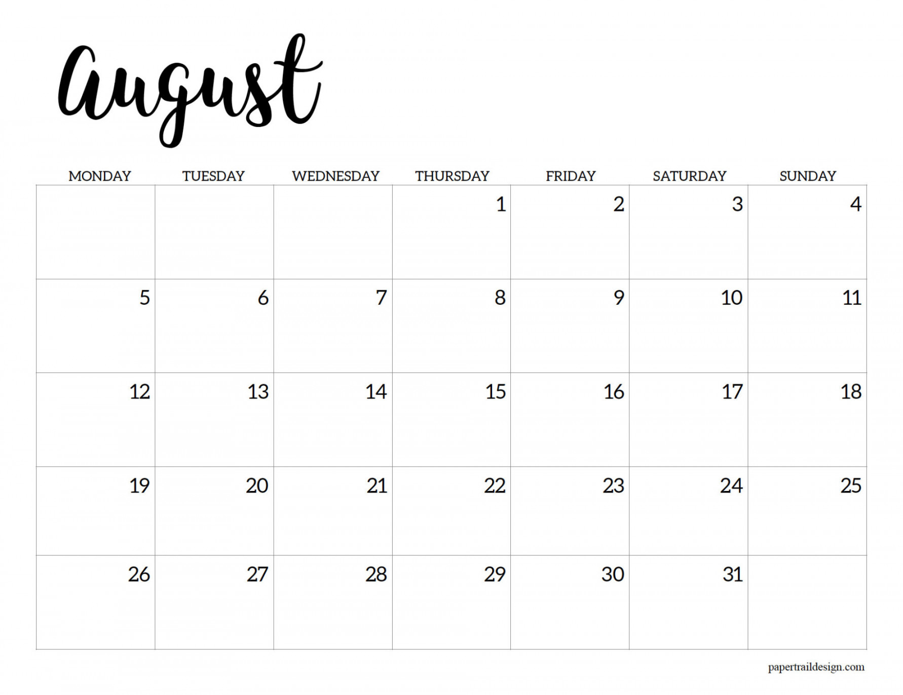 Free Printable  Calendar – Monday Start - Paper Trail Design