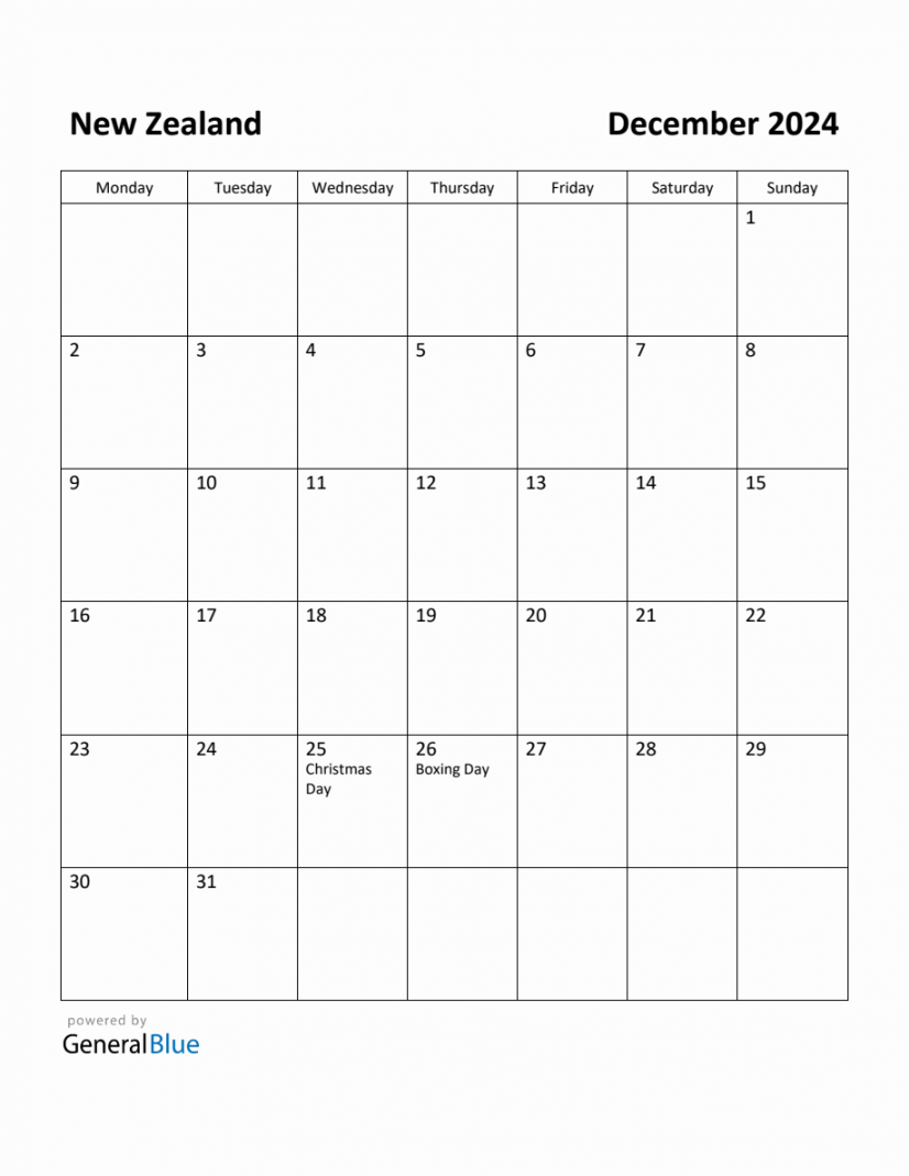 Free Printable December  Calendar for New Zealand