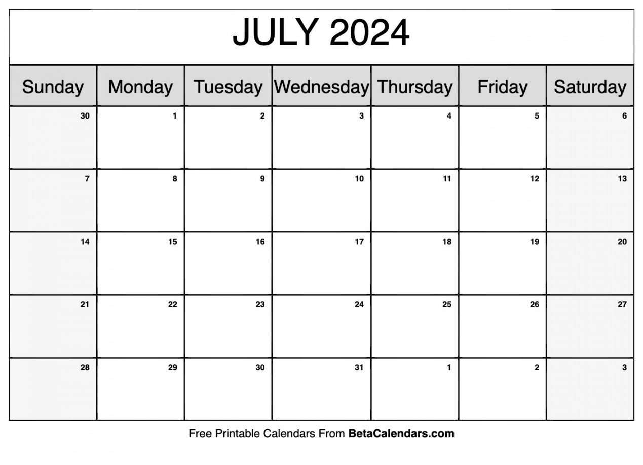 Free Printable July  Calendar