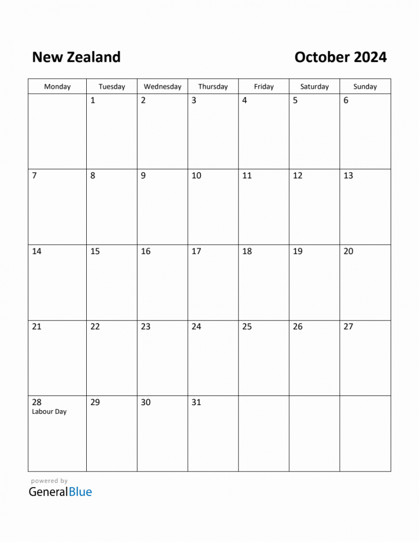 Free Printable October  Calendar for New Zealand