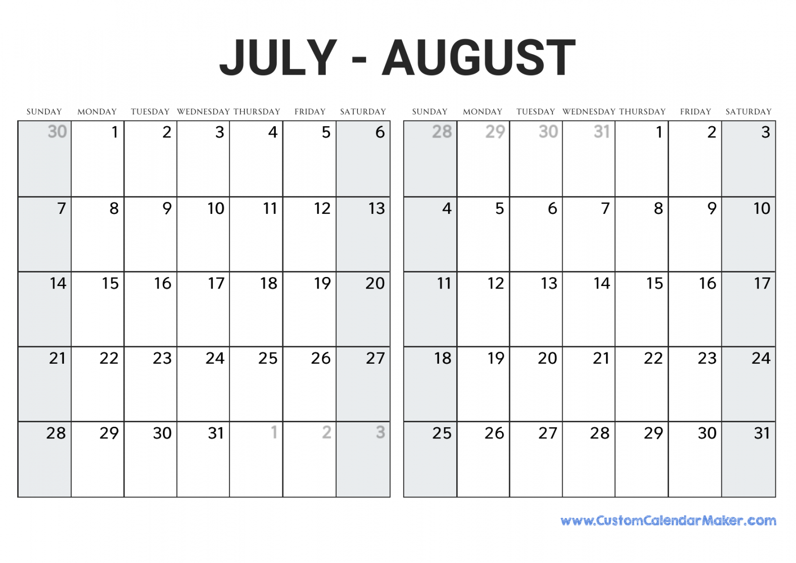 July and August  Printable Calendar Template