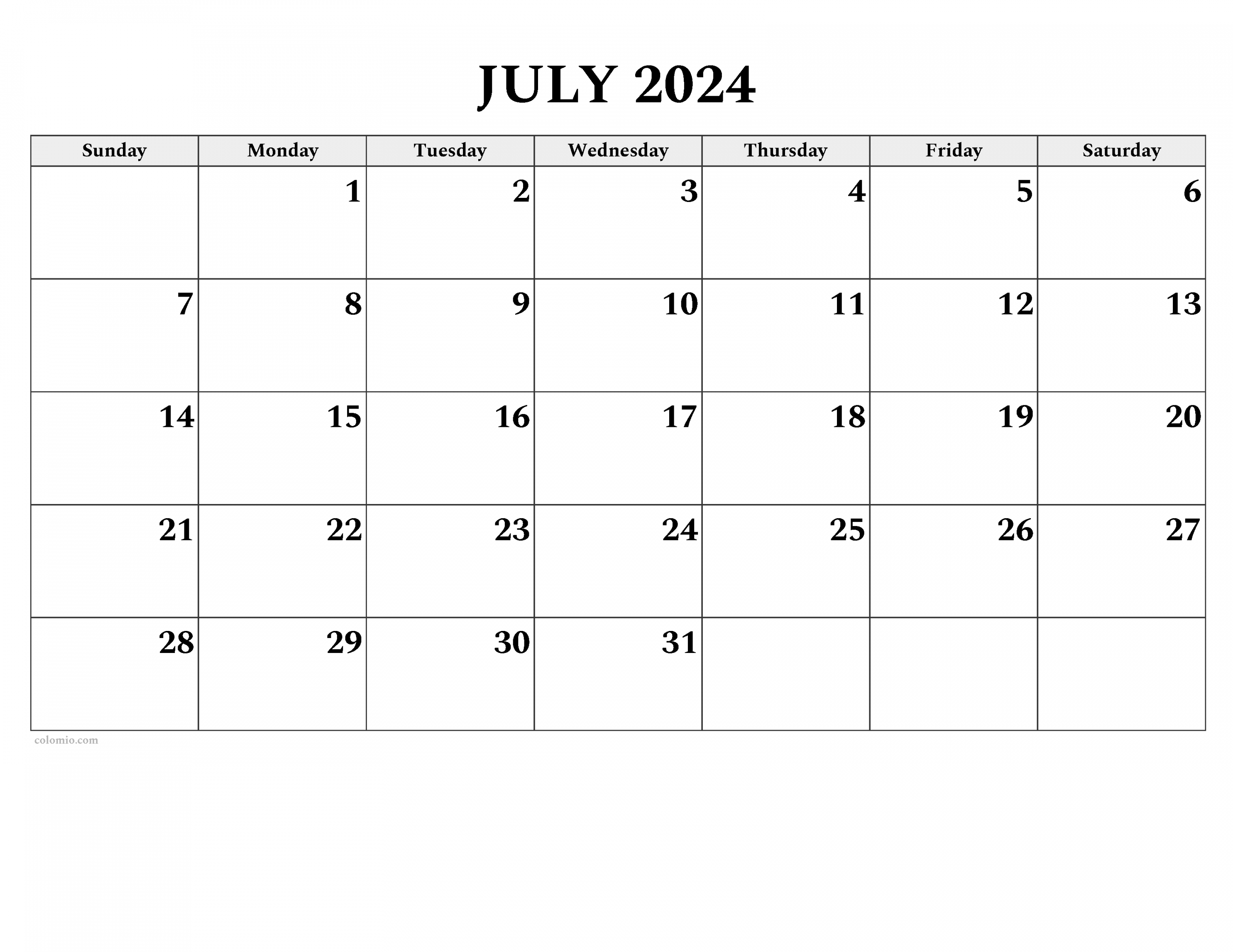 July  Calendar  Free Printable PDF, XLS and PNG