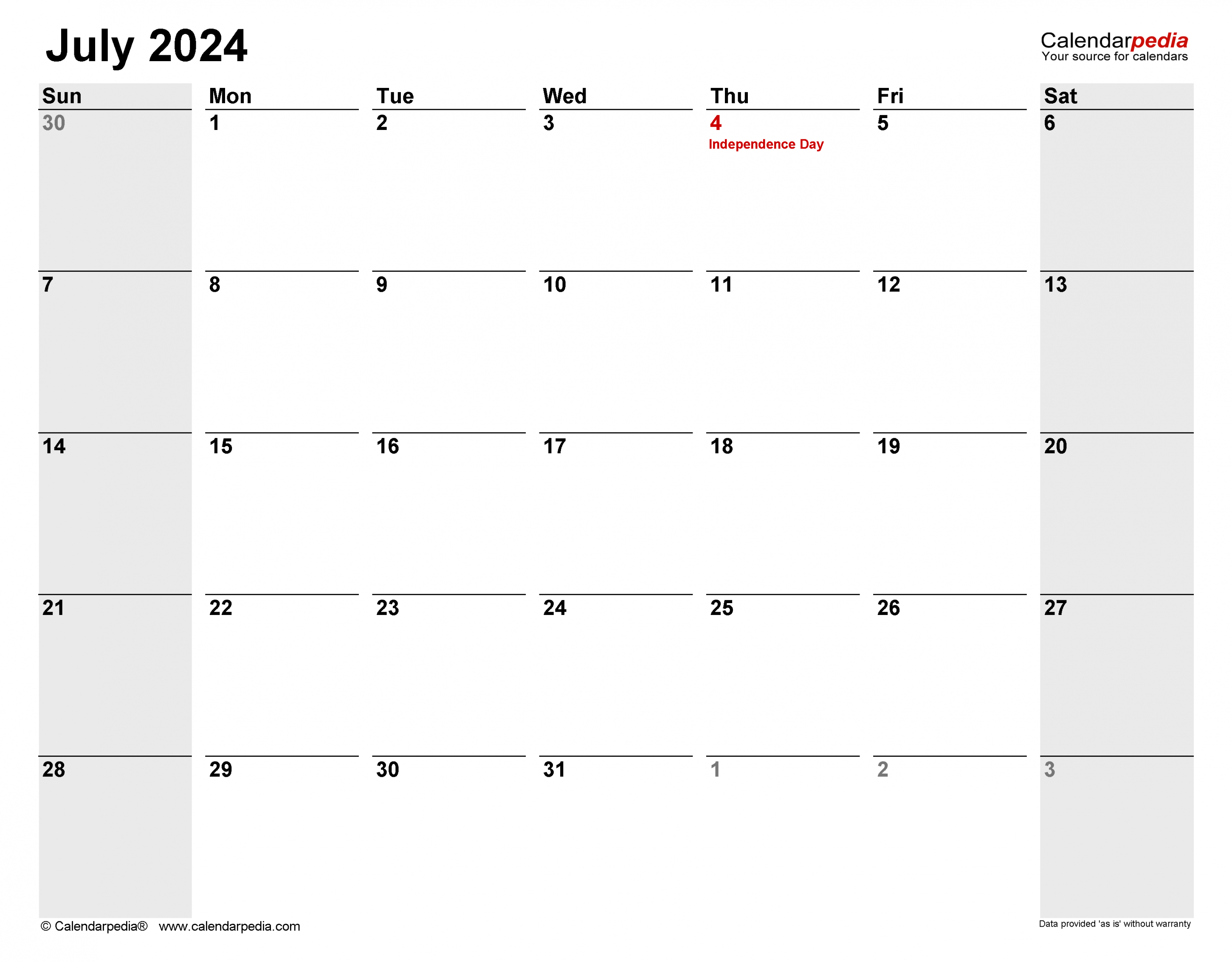 July  Calendar  Templates for Word, Excel and PDF