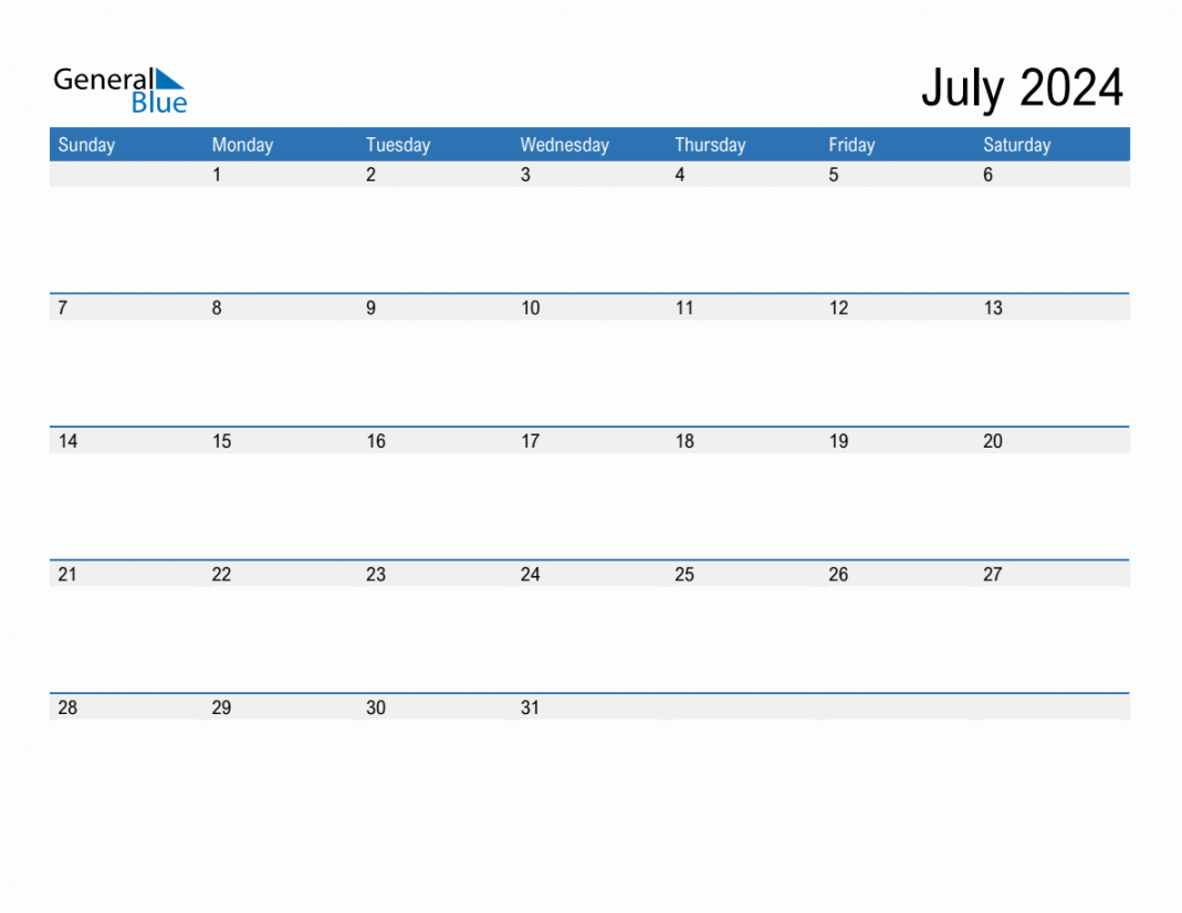 July  Monthly Calendar (PDF, Word, Excel)