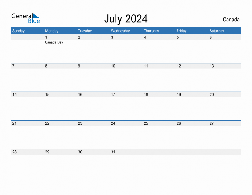 July  Monthly Calendar with Canada Holidays