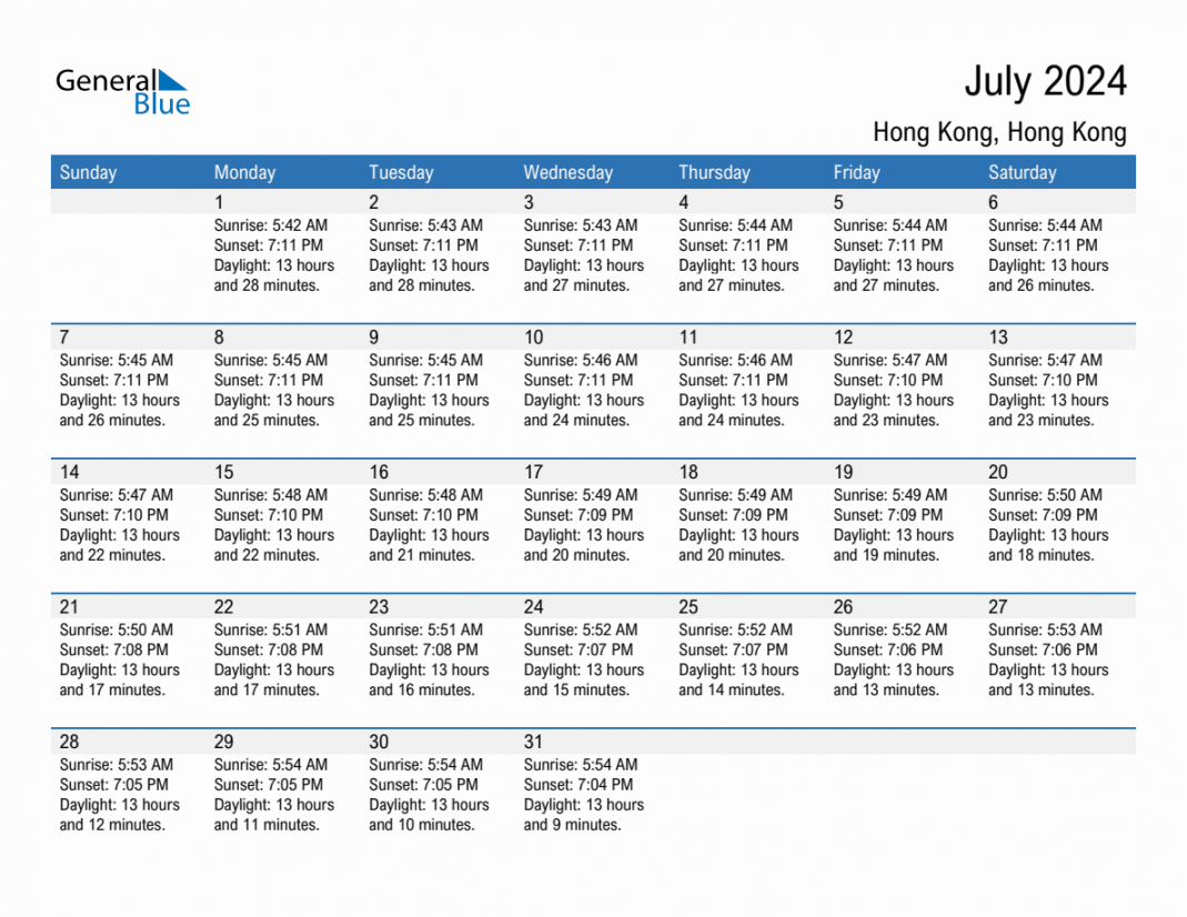 July  Sunrise and Sunset Calendar for Hong Kong (PDF, Excel, Word)