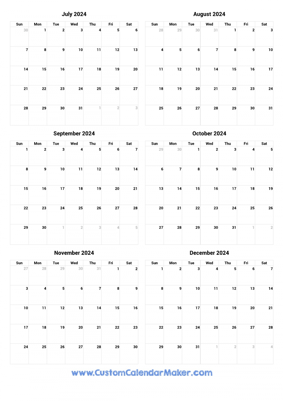 July to December  Printable Calendar