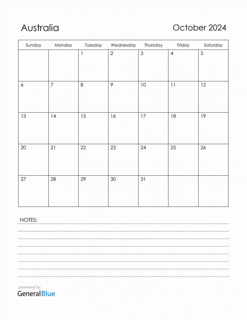 October  Australia Calendar with Holidays