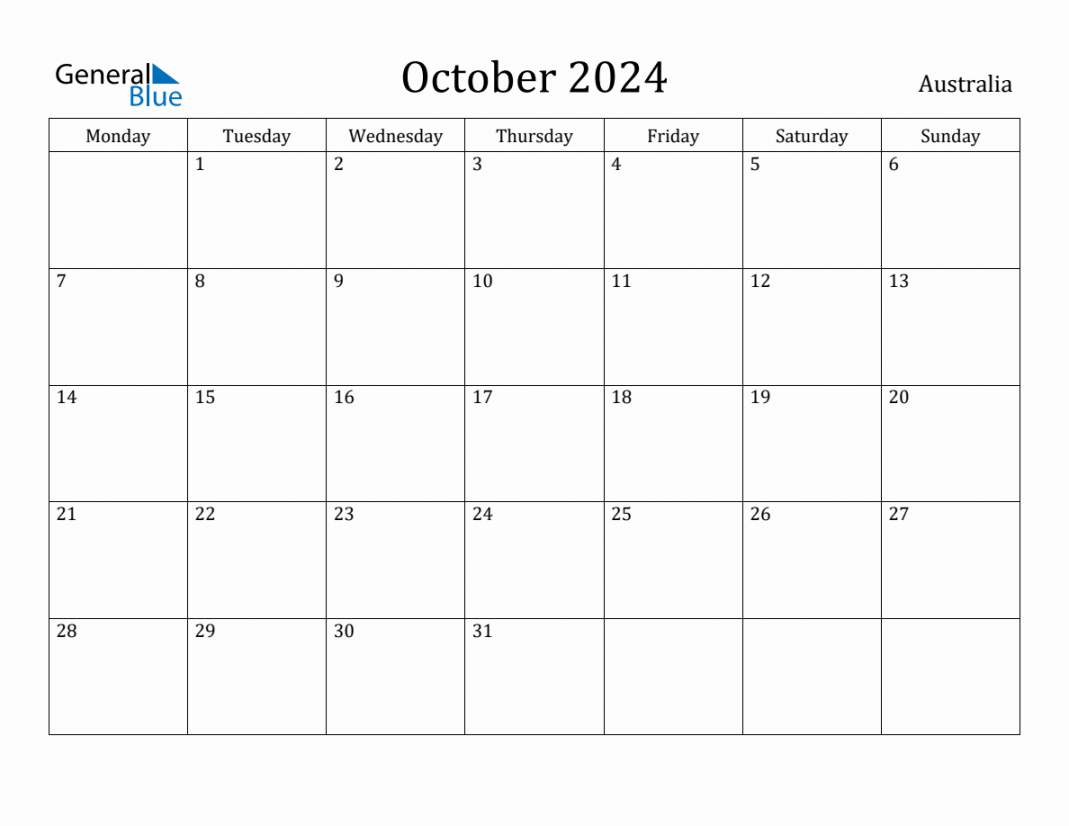 October  - Australia Monthly Calendar with Holidays