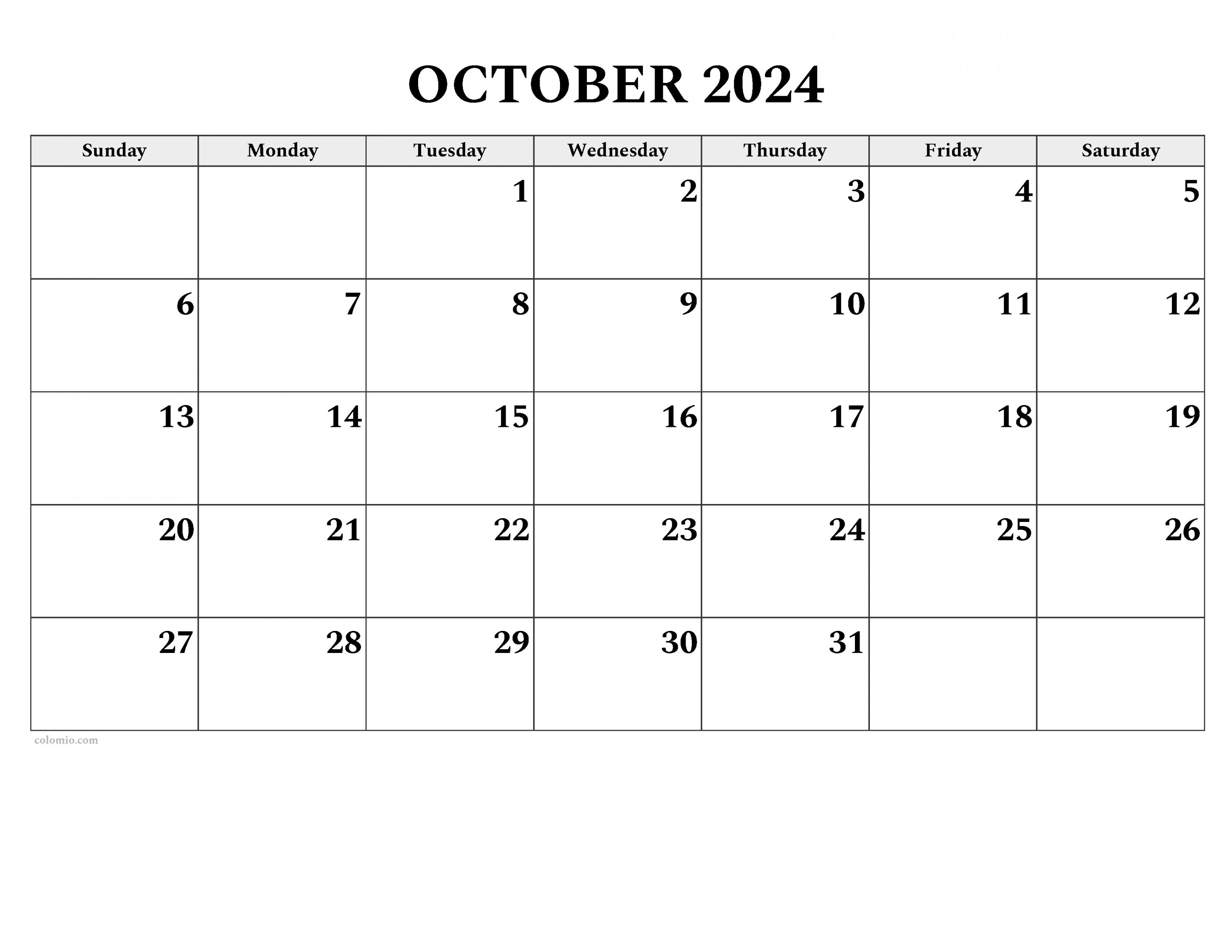 October  Calendar  Free Printable PDF, XLS and PNG