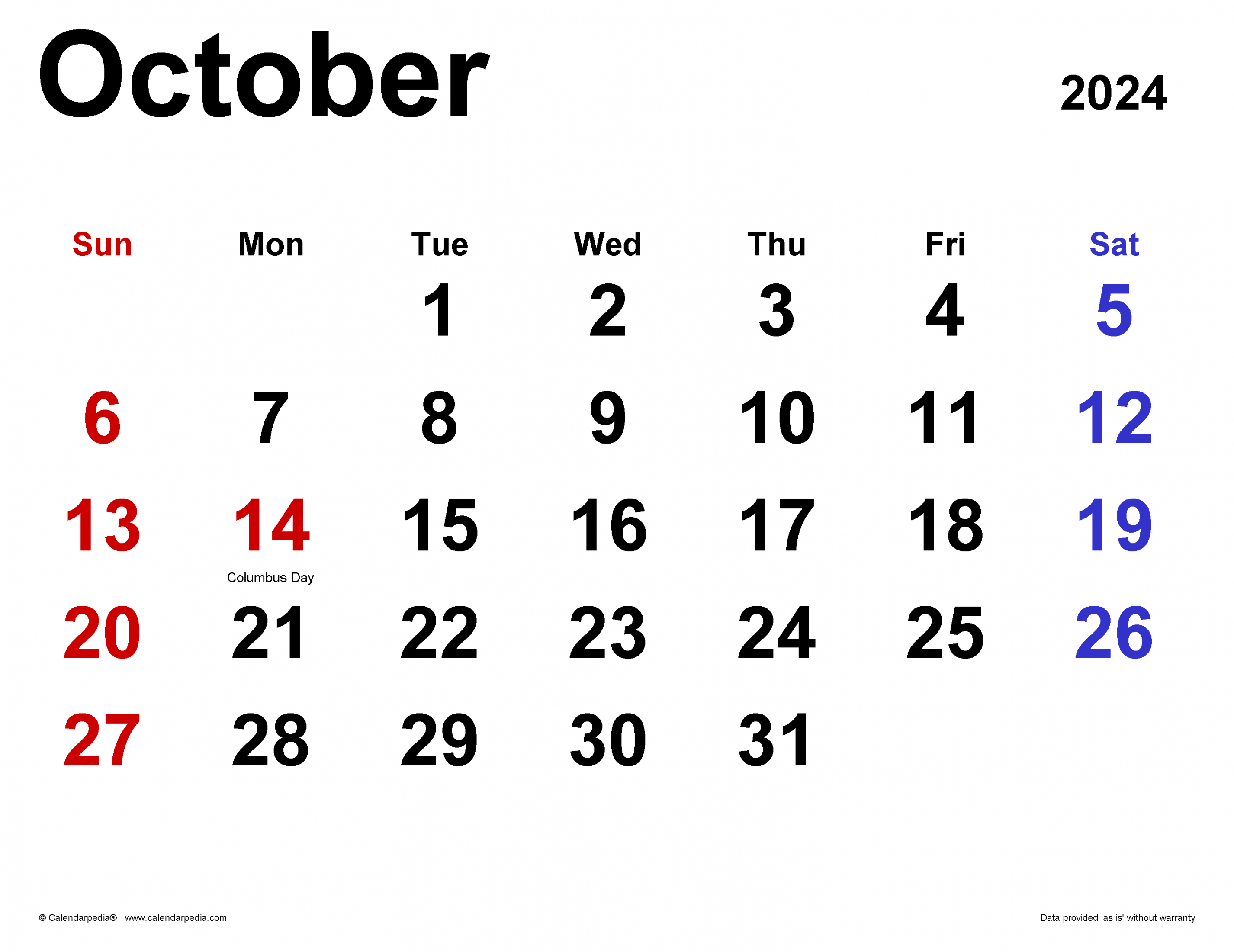 October  Calendar  Templates for Word, Excel and PDF