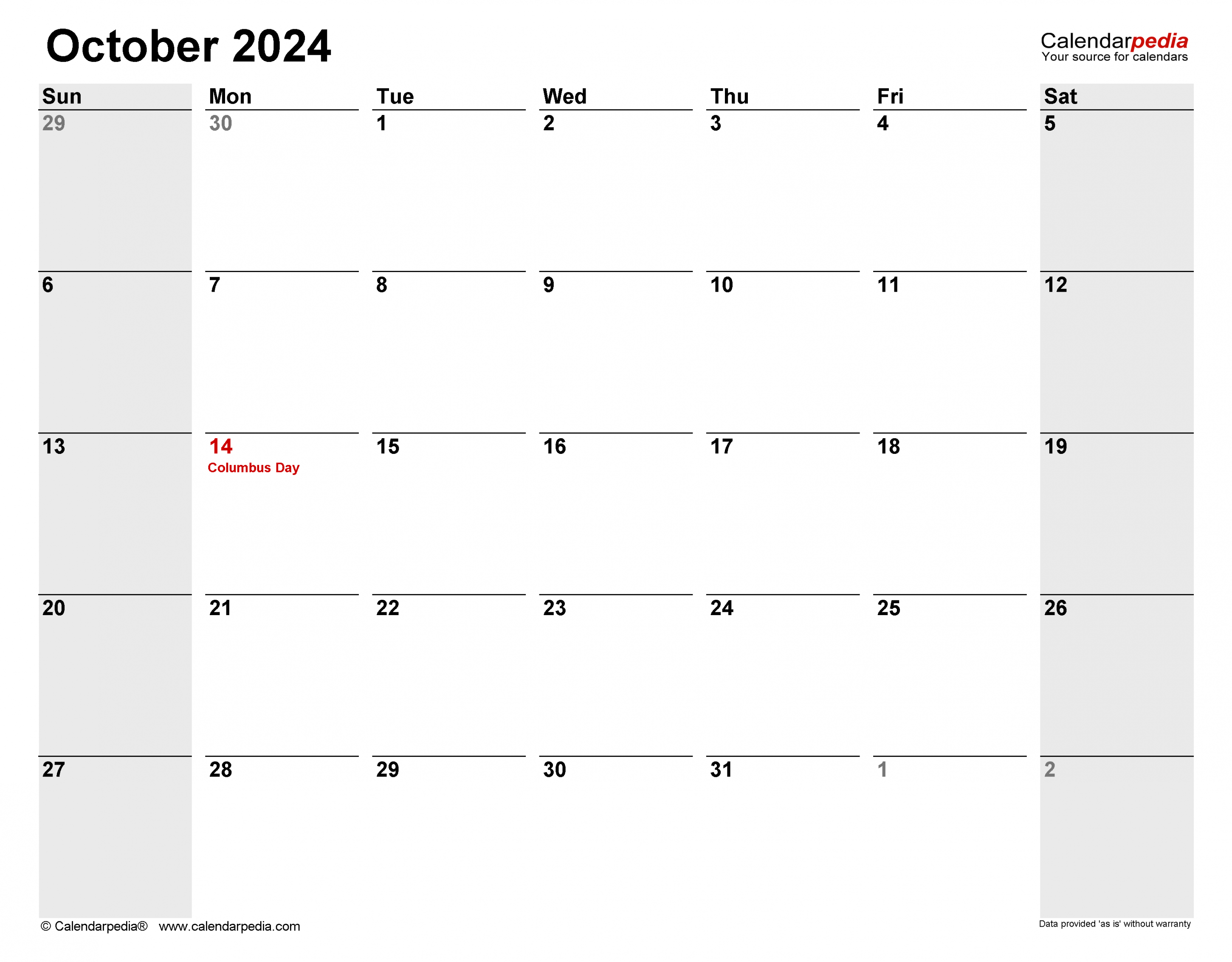 October  Calendar  Templates for Word, Excel and PDF