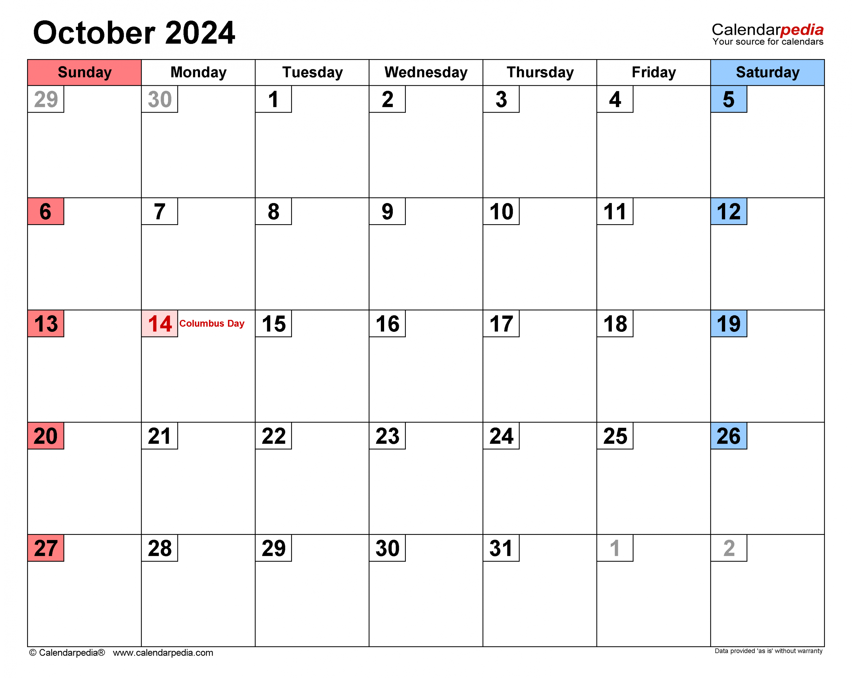 October  Calendar  Templates for Word, Excel and PDF