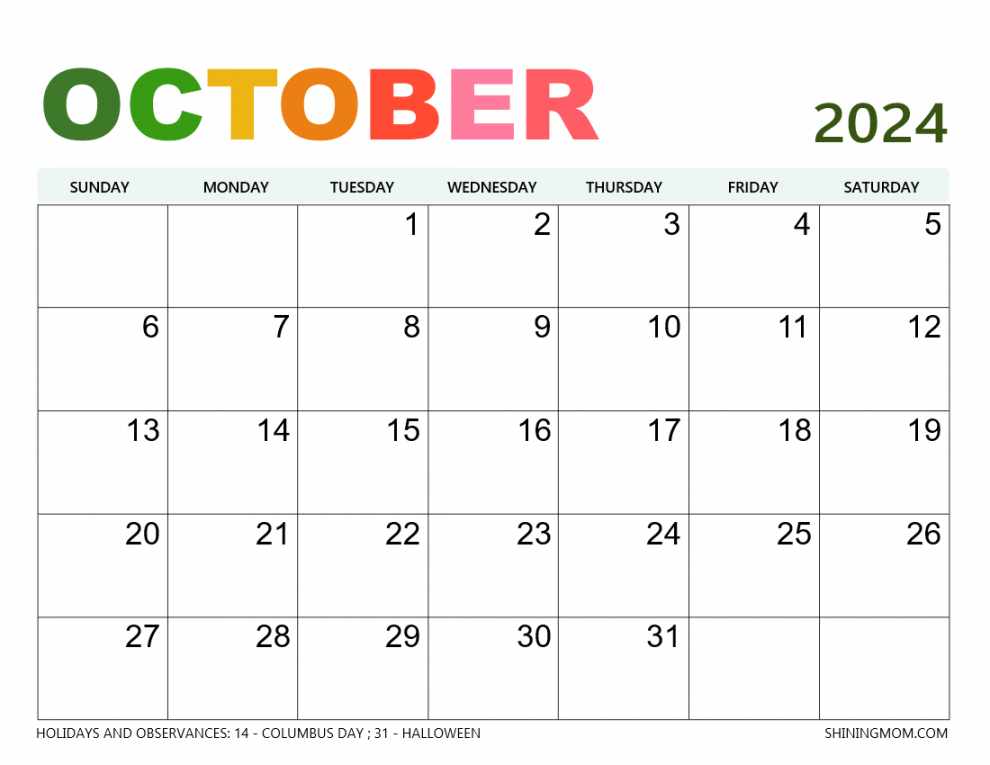 October  Calendar with Holidays   Best Free Printables
