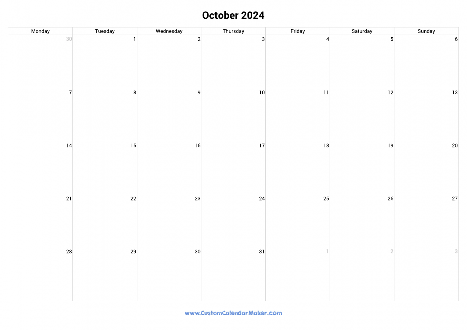 October  Monday Start Calendar  Monday to Sunday