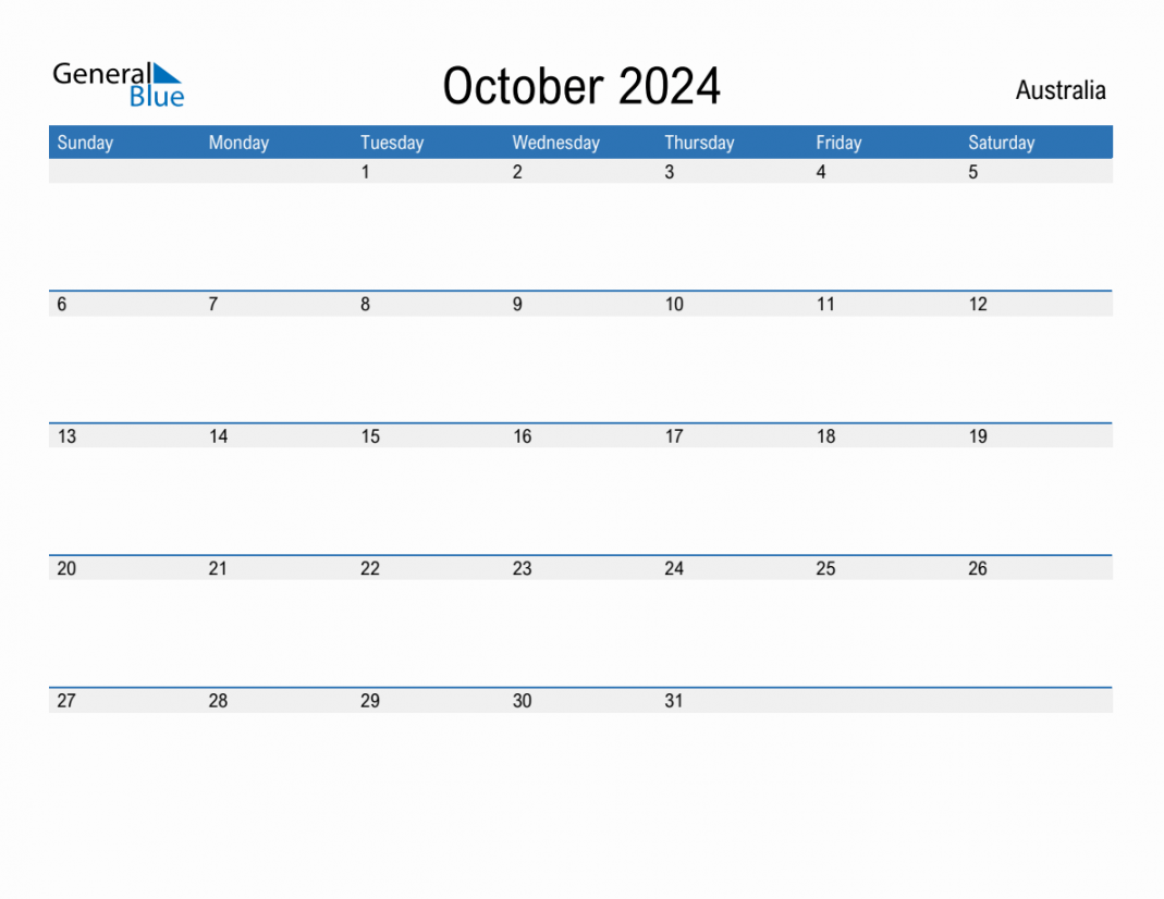 October  Monthly Calendar with Australia Holidays