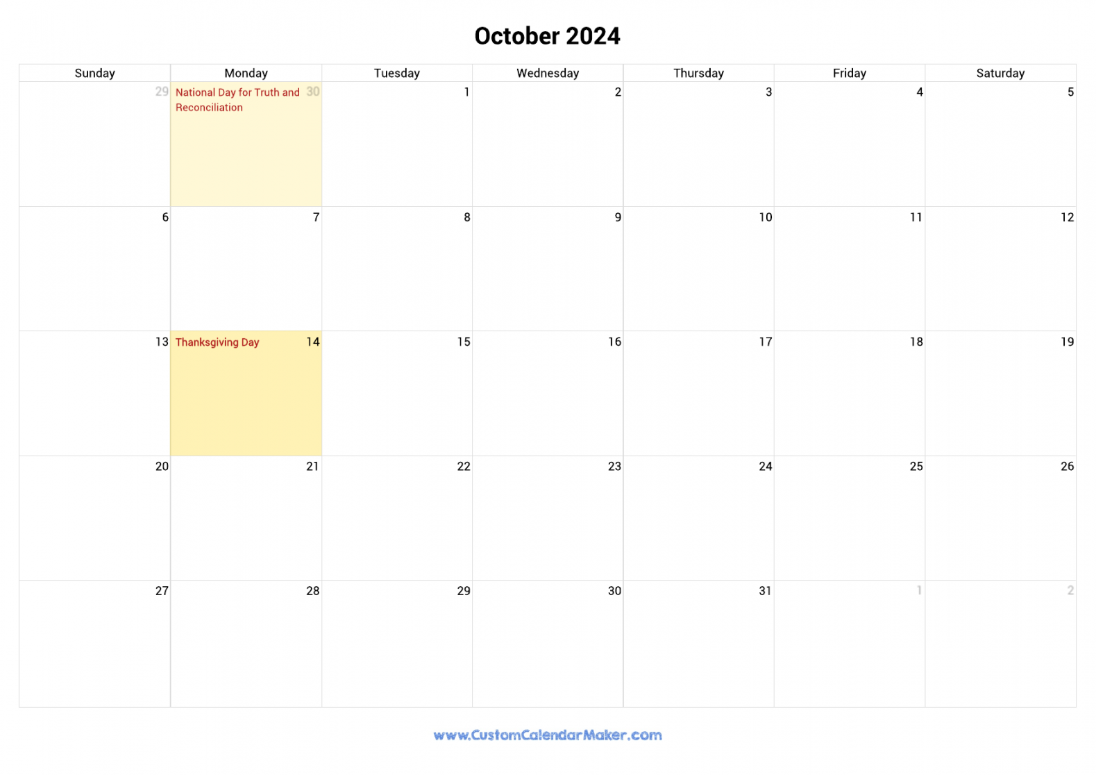October  Printable Calendar With Canadian Holidays