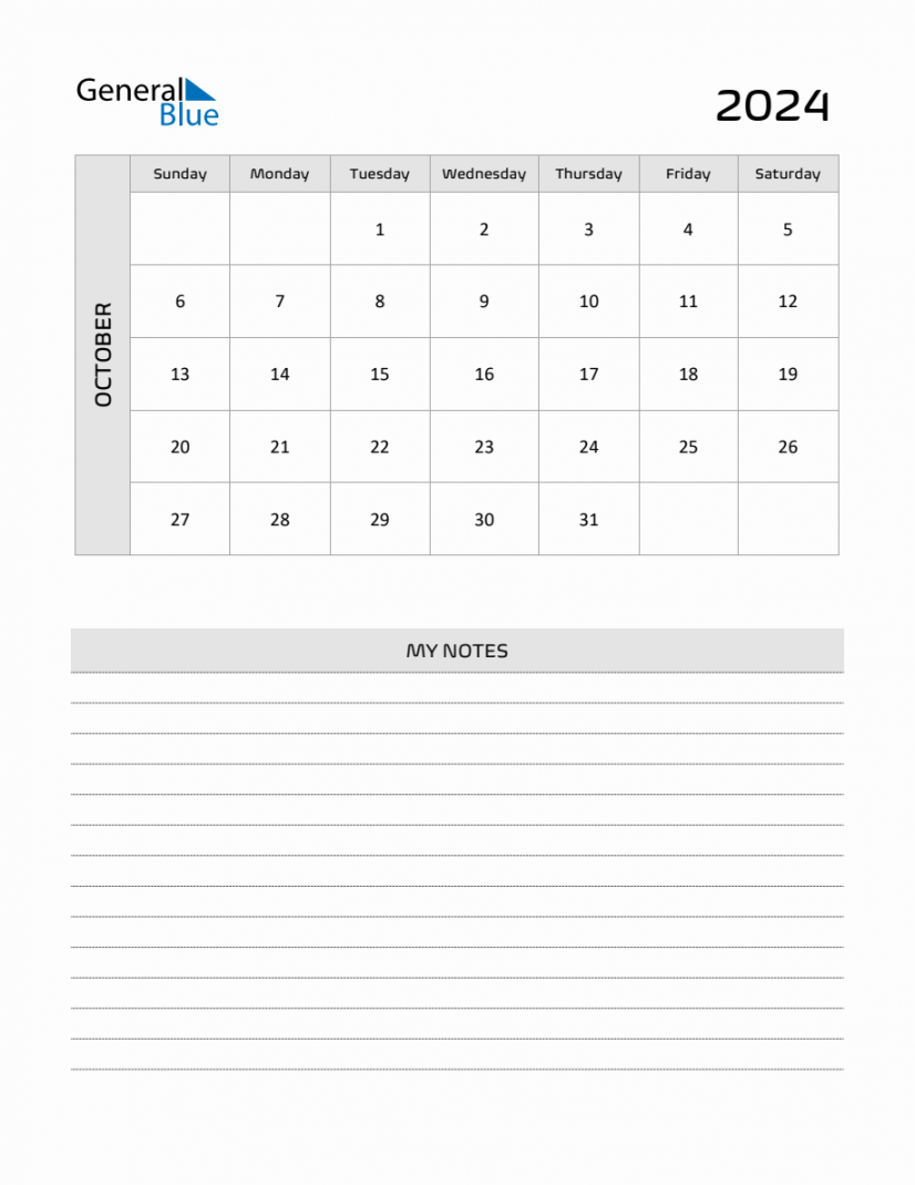 October  Printable Monthly Calendar with Notes